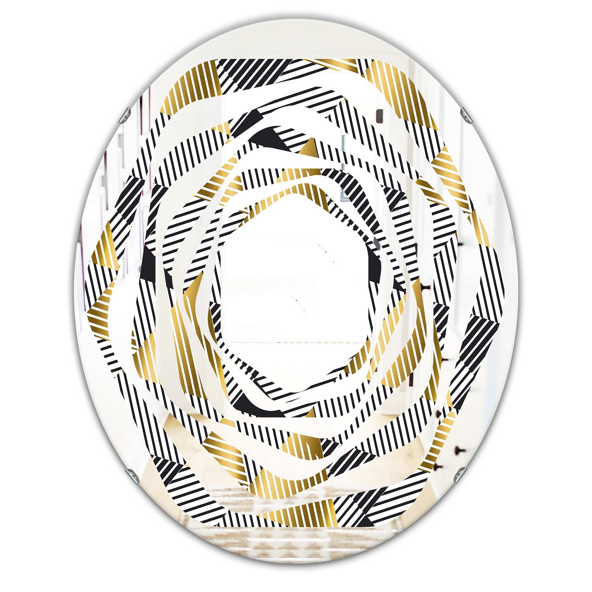 Designart 'Retro Luxury Waves In Gold and Blue VI' Printed Modern Round or Oval Wall Mirror - Whirl