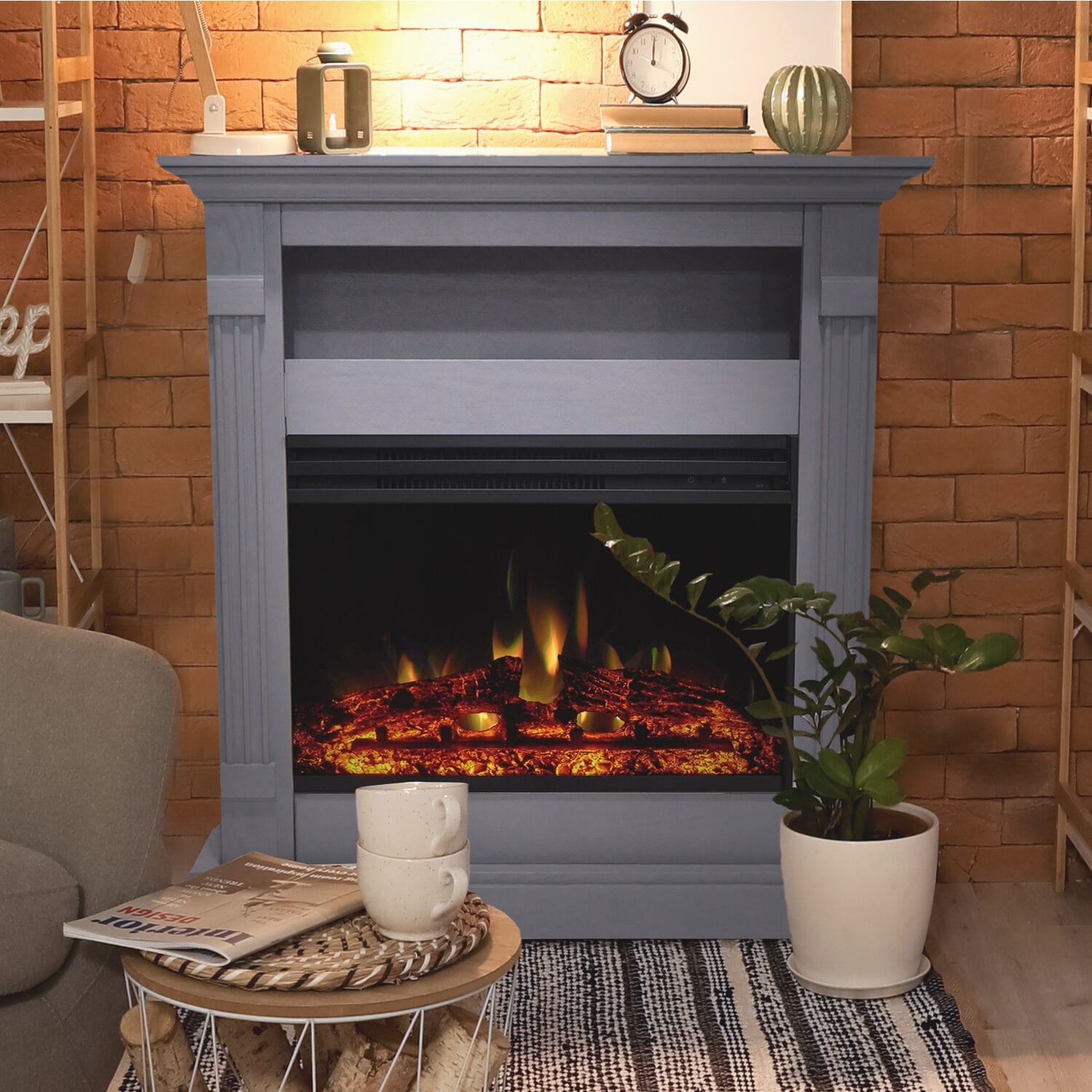 Cambridge Sienna 34-In. Electric Fireplace Heater w/Slate Blue Mantel, Enhanced Log Display, Multi-Color Flames & Remote Control