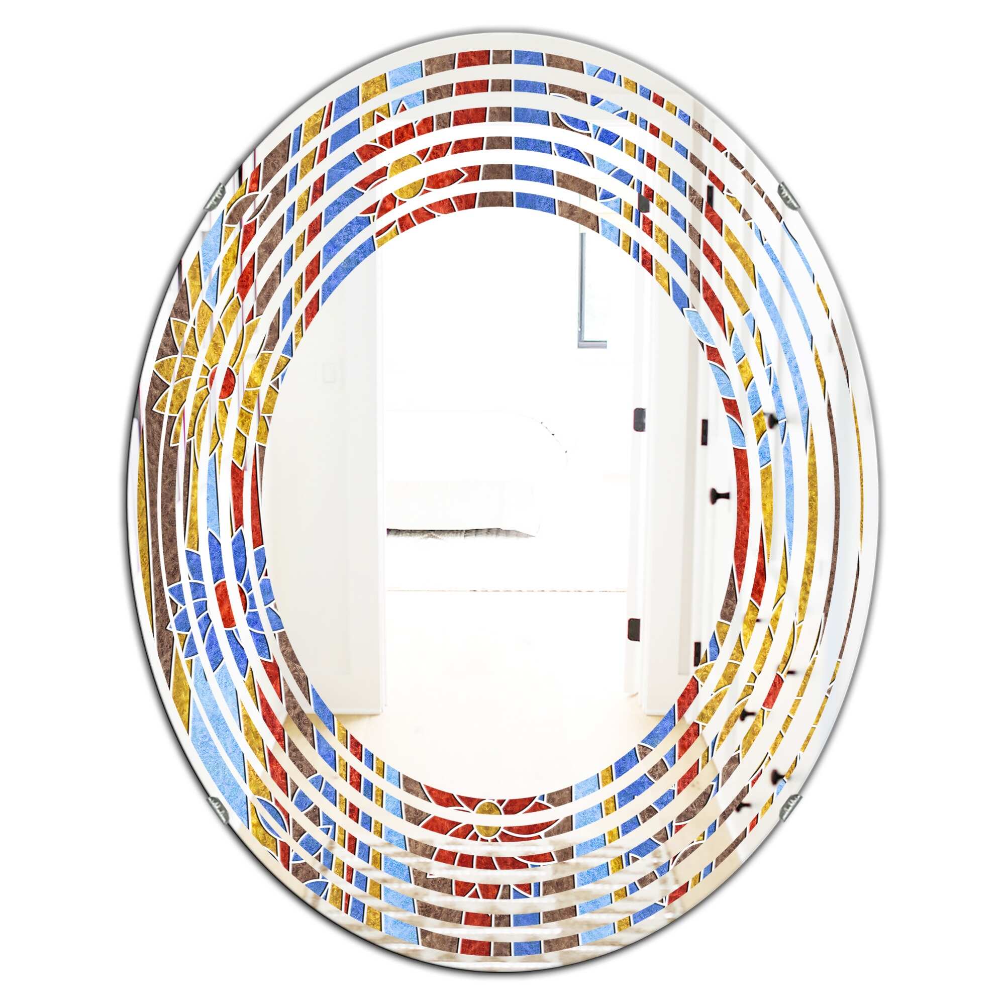 Designart 'Floral Retro Pattern III' Printed Modern Round or Oval Wall Mirror - Wave - Multi