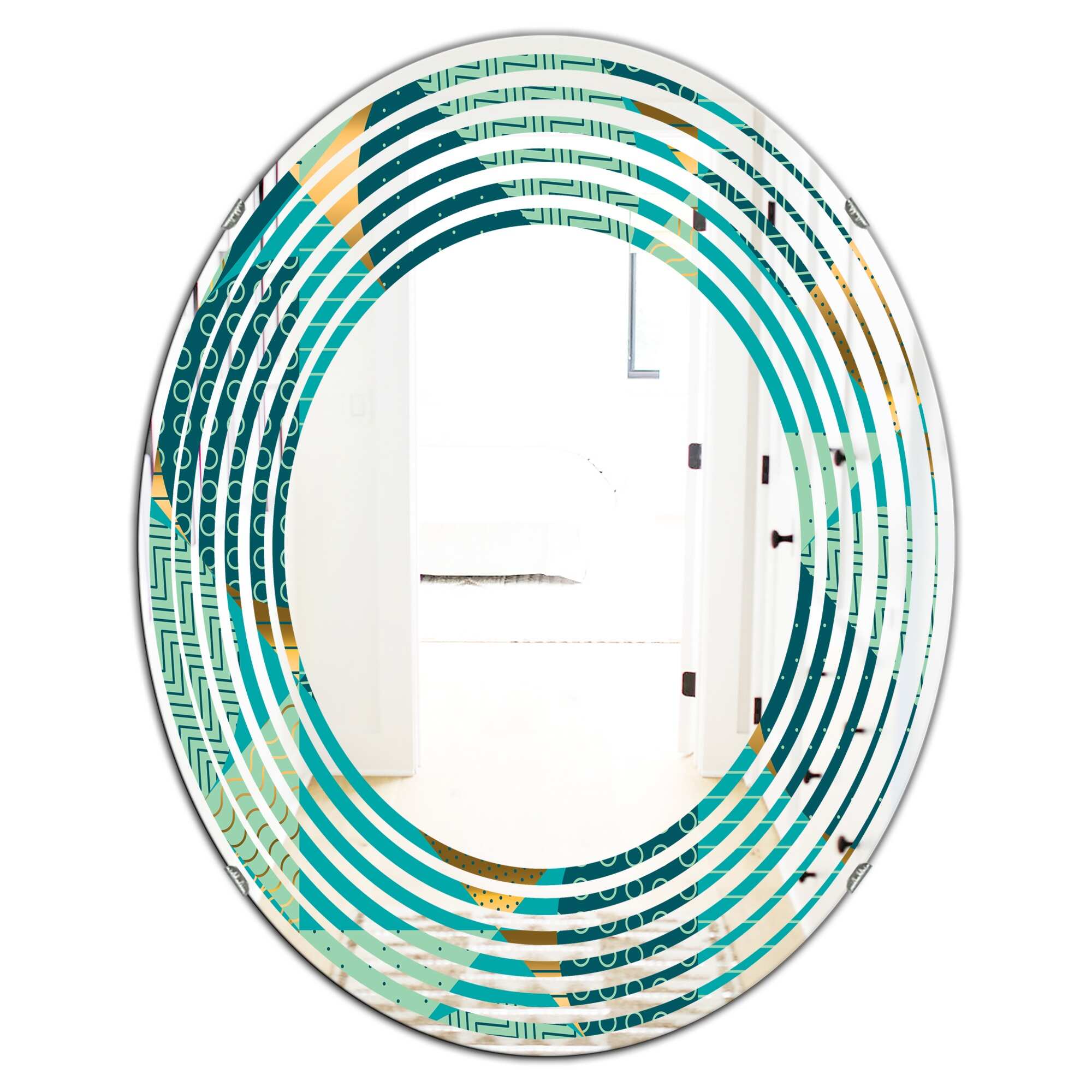 Designart 'Gold and Blue Dynamics II' Printed Modern Round or Oval Wall Mirror - Wave