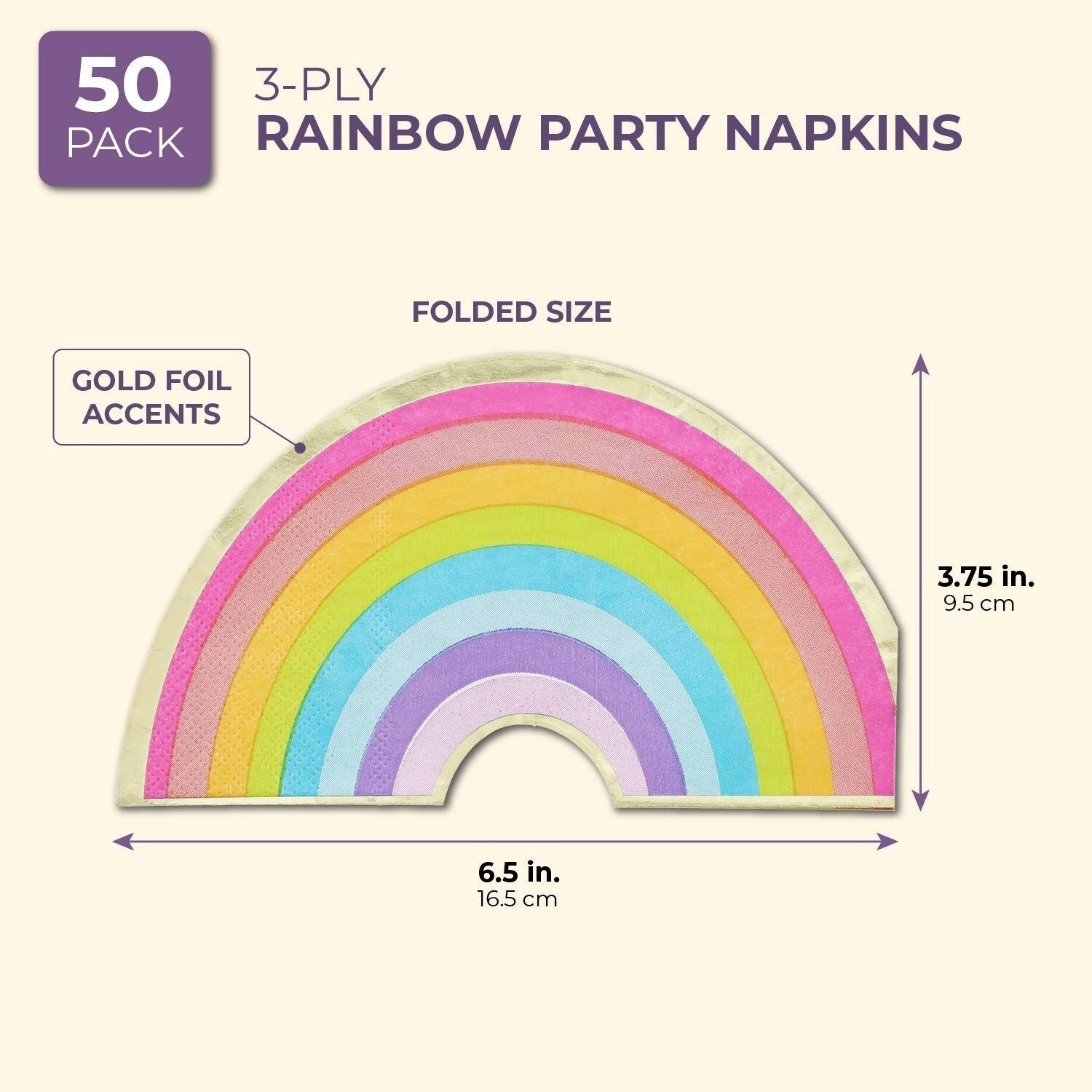 Rainbow Party Napkins with Gold Foil 50PC for Theme Parties, Kids Party, 6.5 "