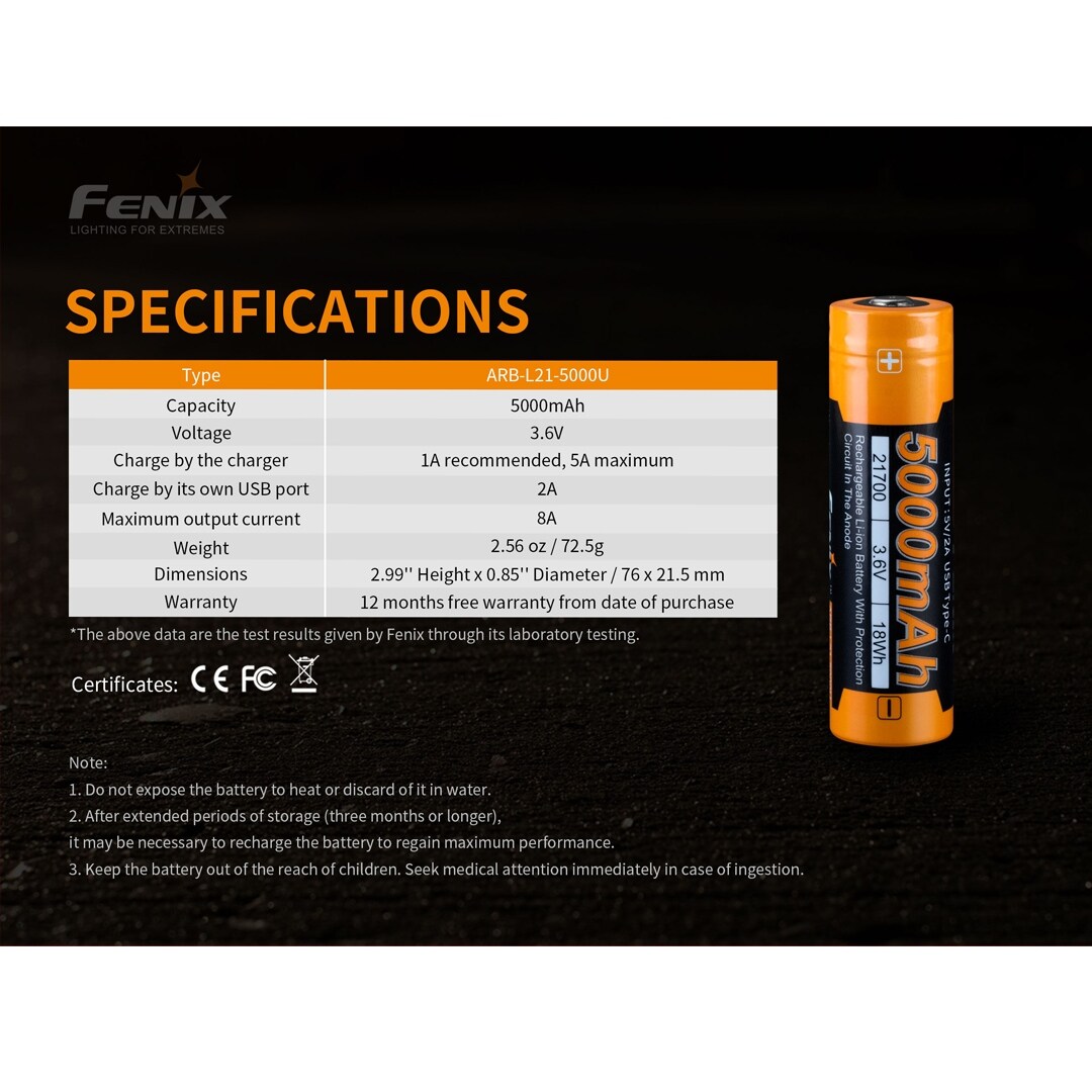 Fenix ARB-L21-5000 5000mAh Rechargeable 21700 Battery