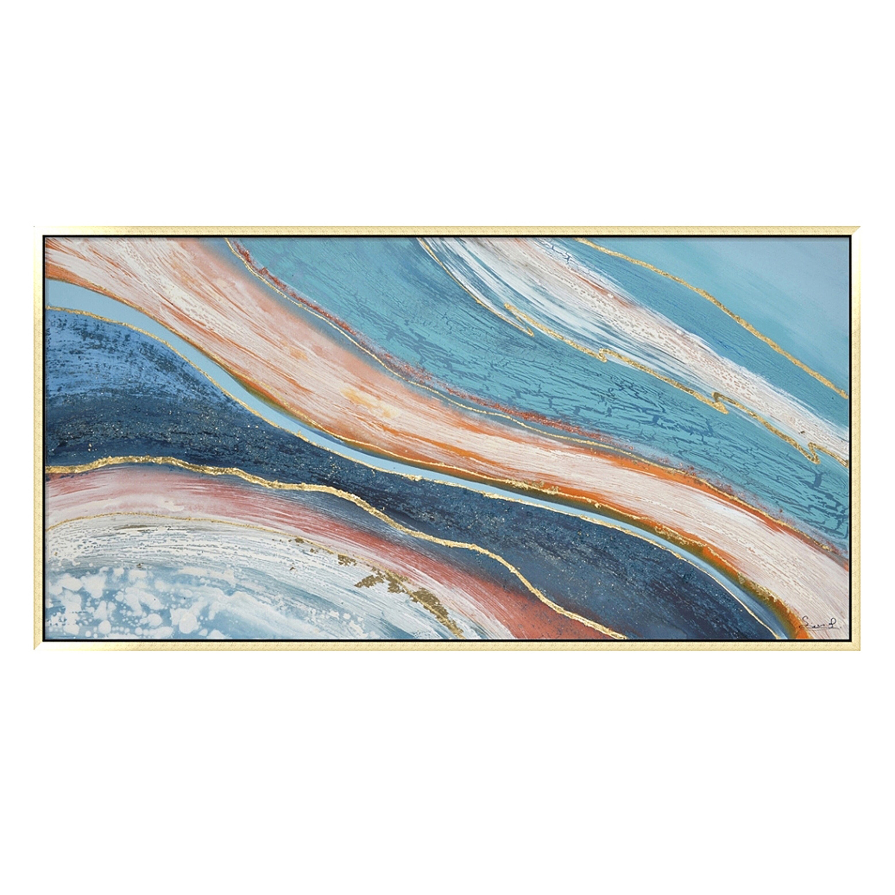 Hand Painted Acrylic Abstract Wall Art Blues and Reds on a 59 x 30 Rectangular Canvas with a Champagne Wooden Frame