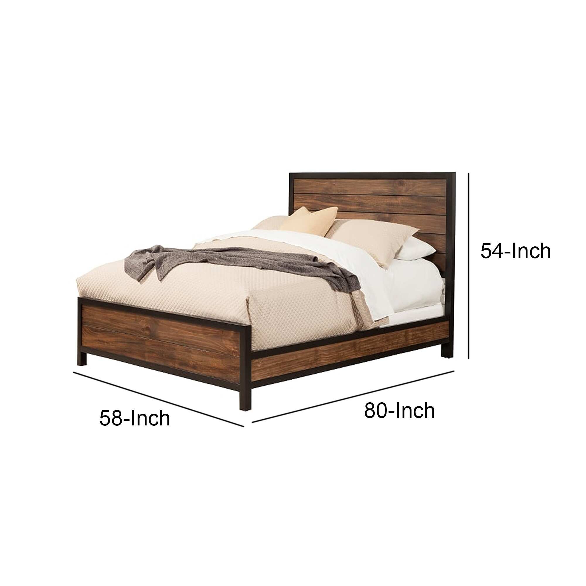 Transitional Two Tone Full Size Bed with Panel Headboard, Brown