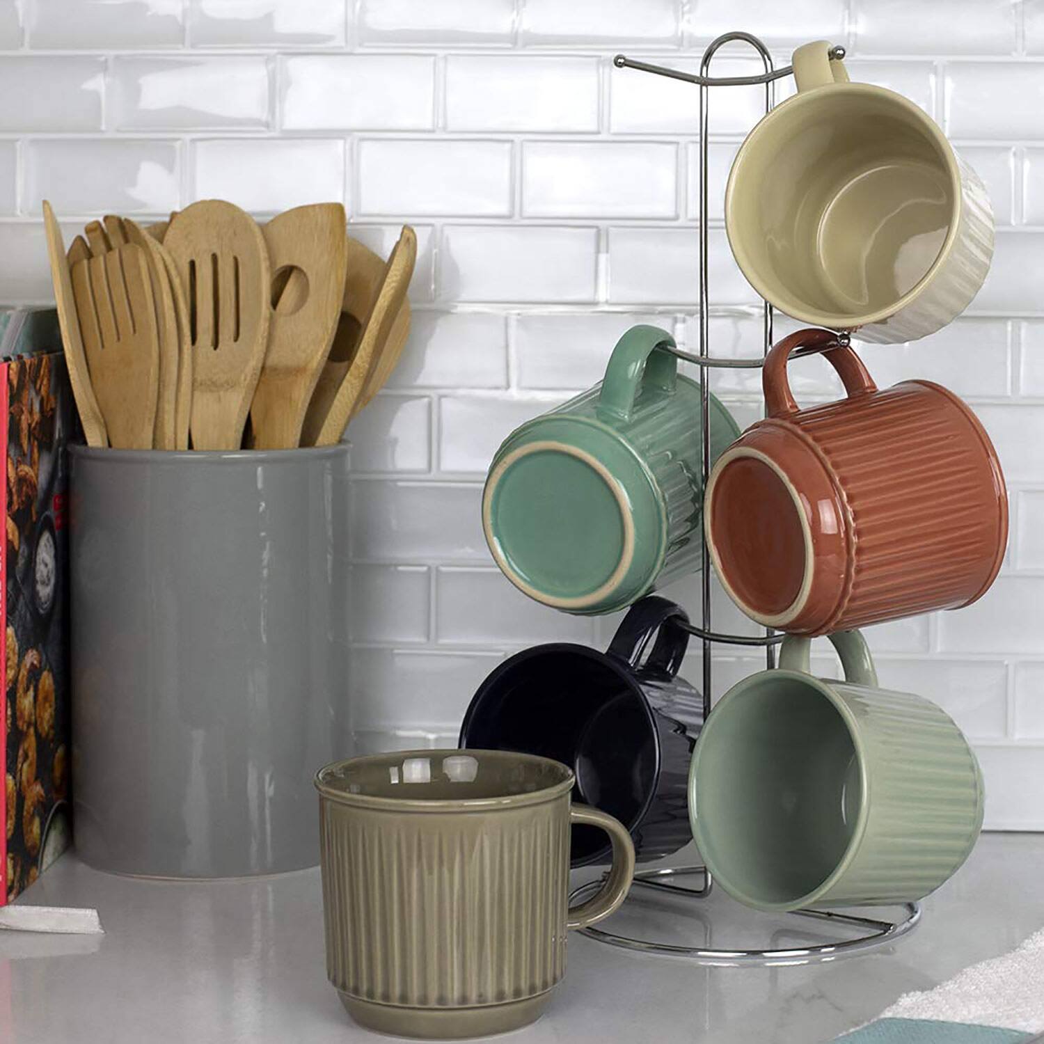Home Basics 6-Piece Stoneware Mug Set with Chrome Stand, Multi, 11 Ounces
