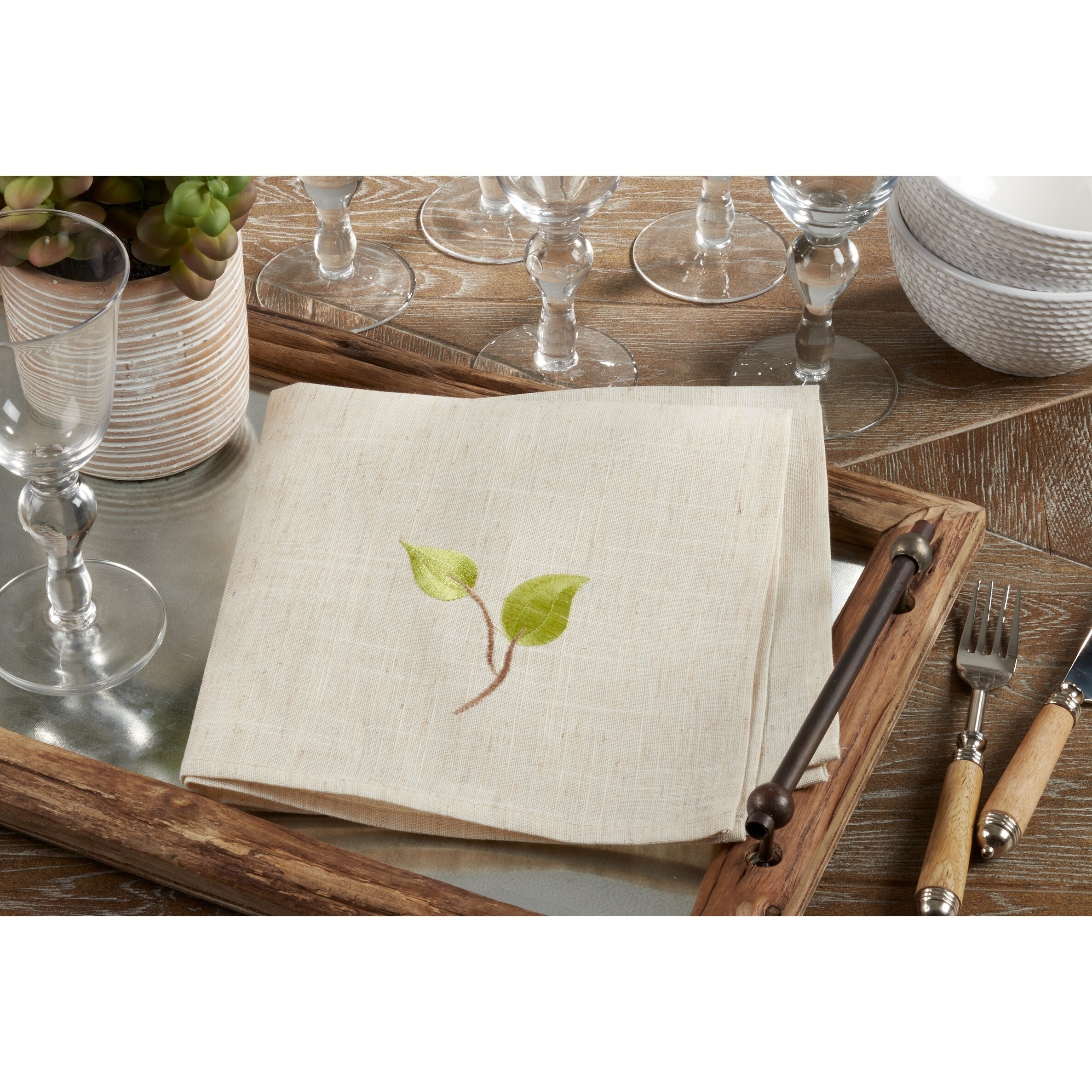 Embroidered Table Napkins with Vine Design (Set of 4) - 20" x 20"