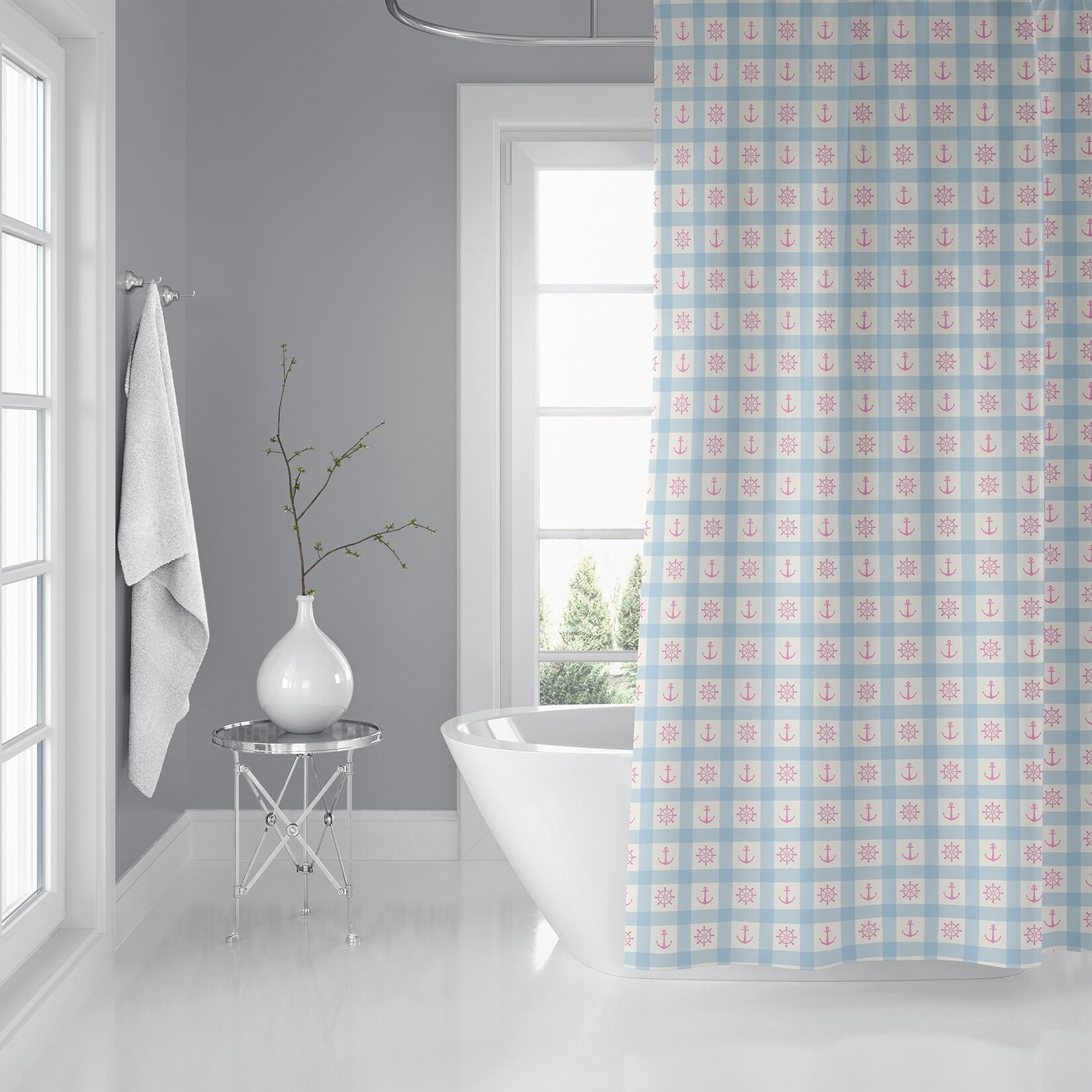 ANCHOR GALORE LIGHT BLUE and PINK Shower Curtain by Kavka Designs - 71X74
