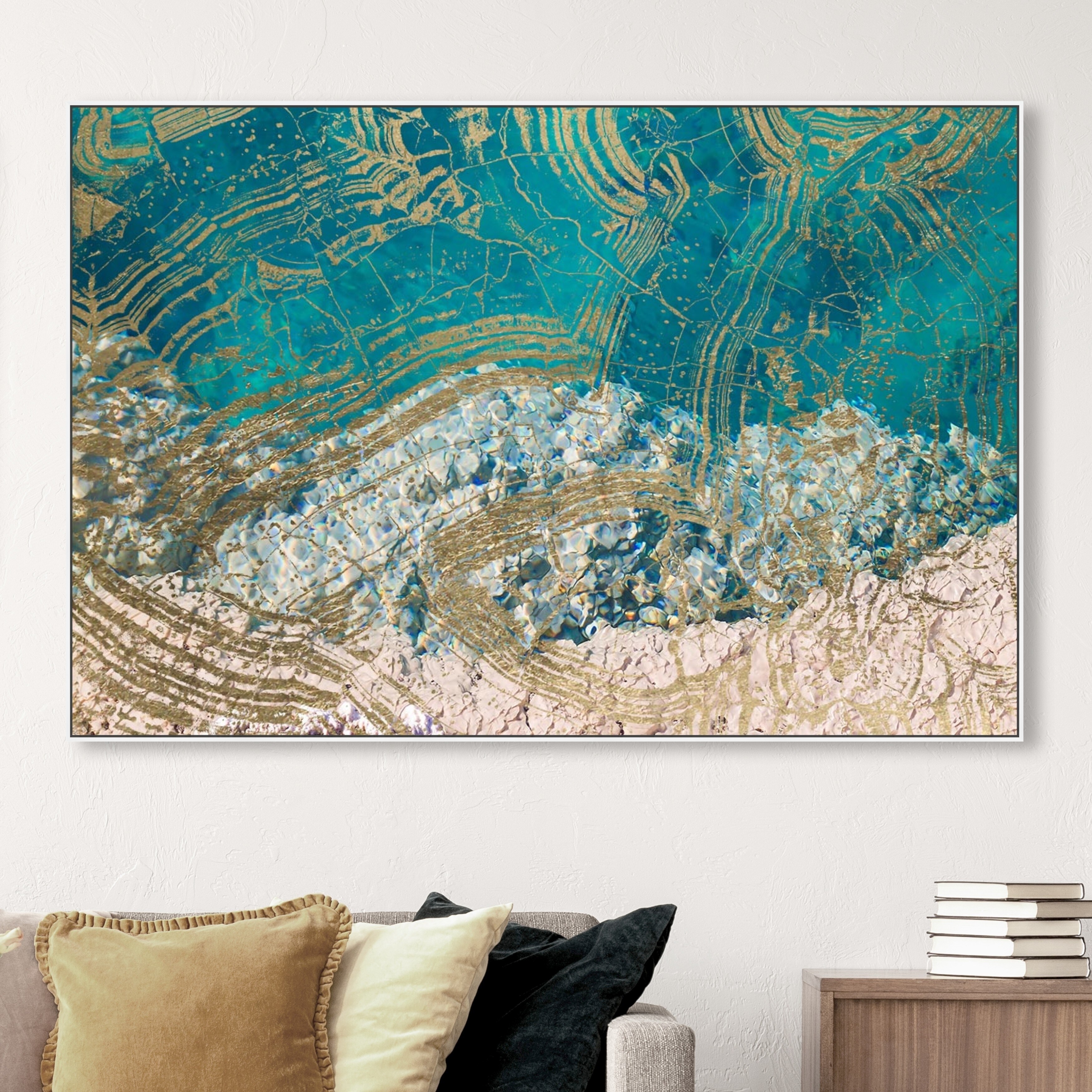 Oliver Gal Abstract Wall Art Framed Canvas Prints 'Salt Water' Textures - Blue, Gold