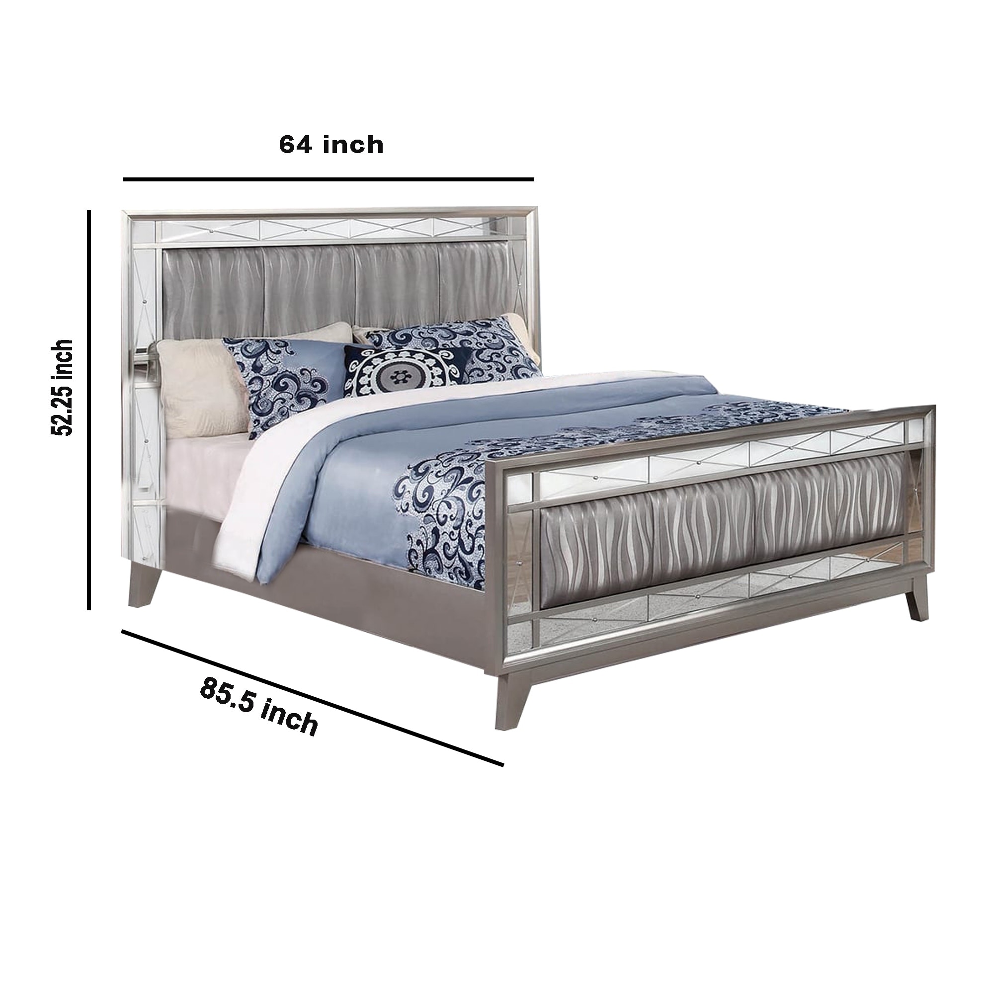 Wooden Queen Size Bed with Mirror Accents, Mercury and Gray