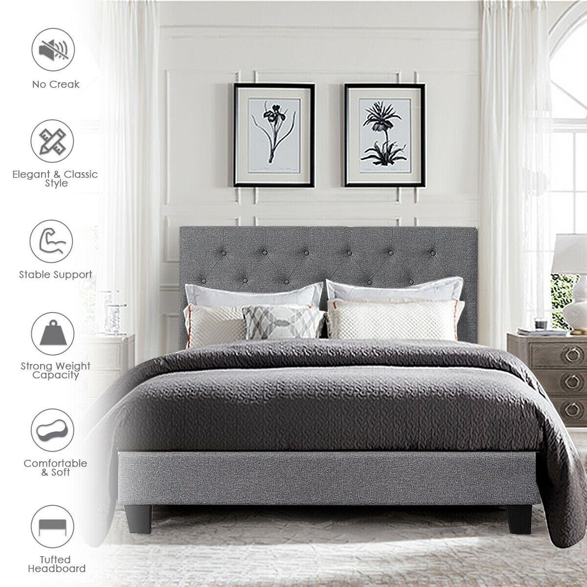 Full Size Upholstered Panel Bed With Linen Panel - Grey