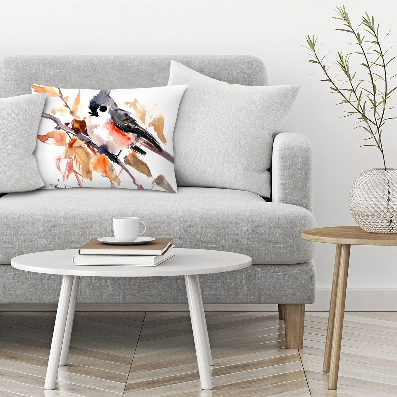 Titmouse And Fall Orange Red - Decorative Throw Pillow