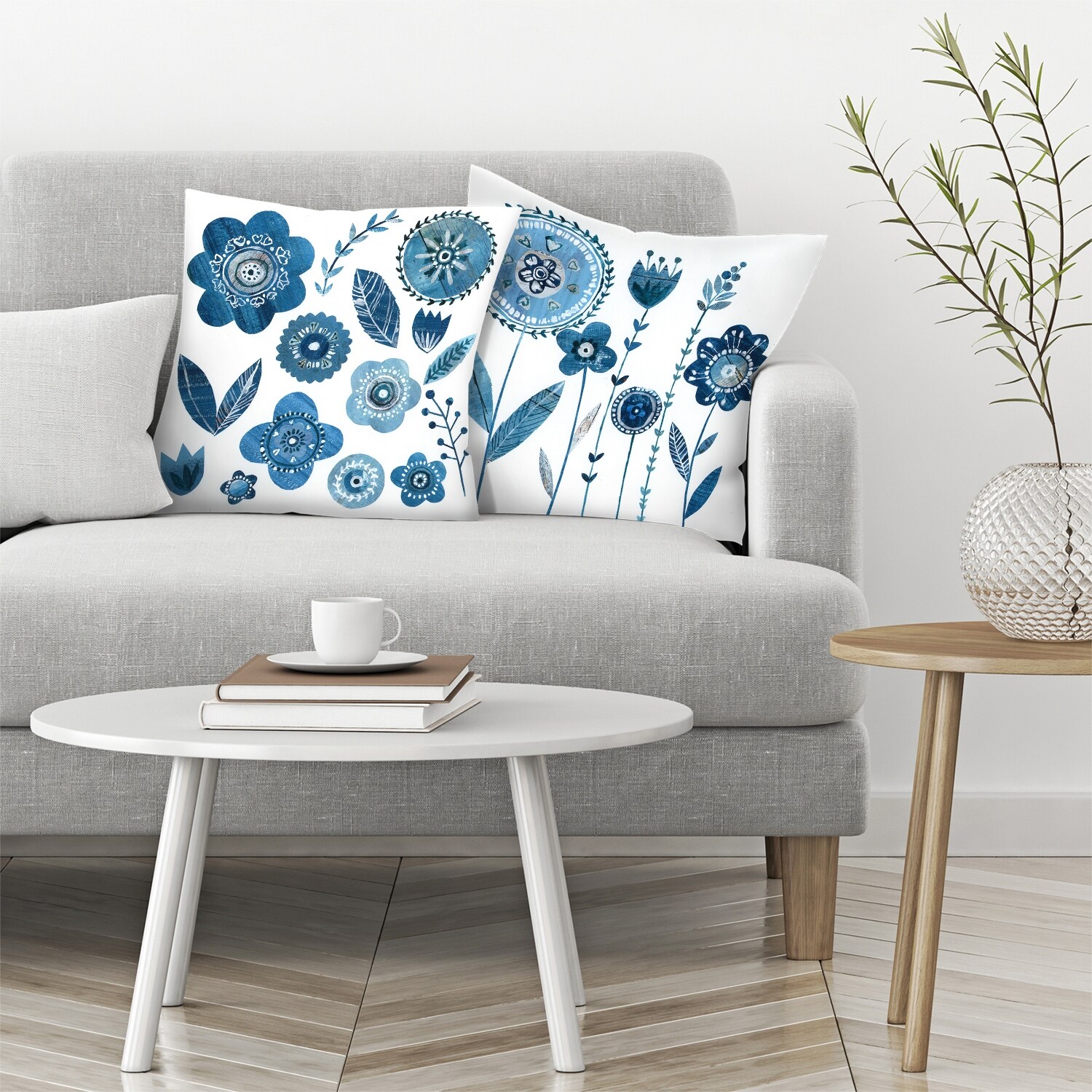 Blue Flowers With Stems and Blue Flowers & Leaves - Set of 2 Decorative Pillows