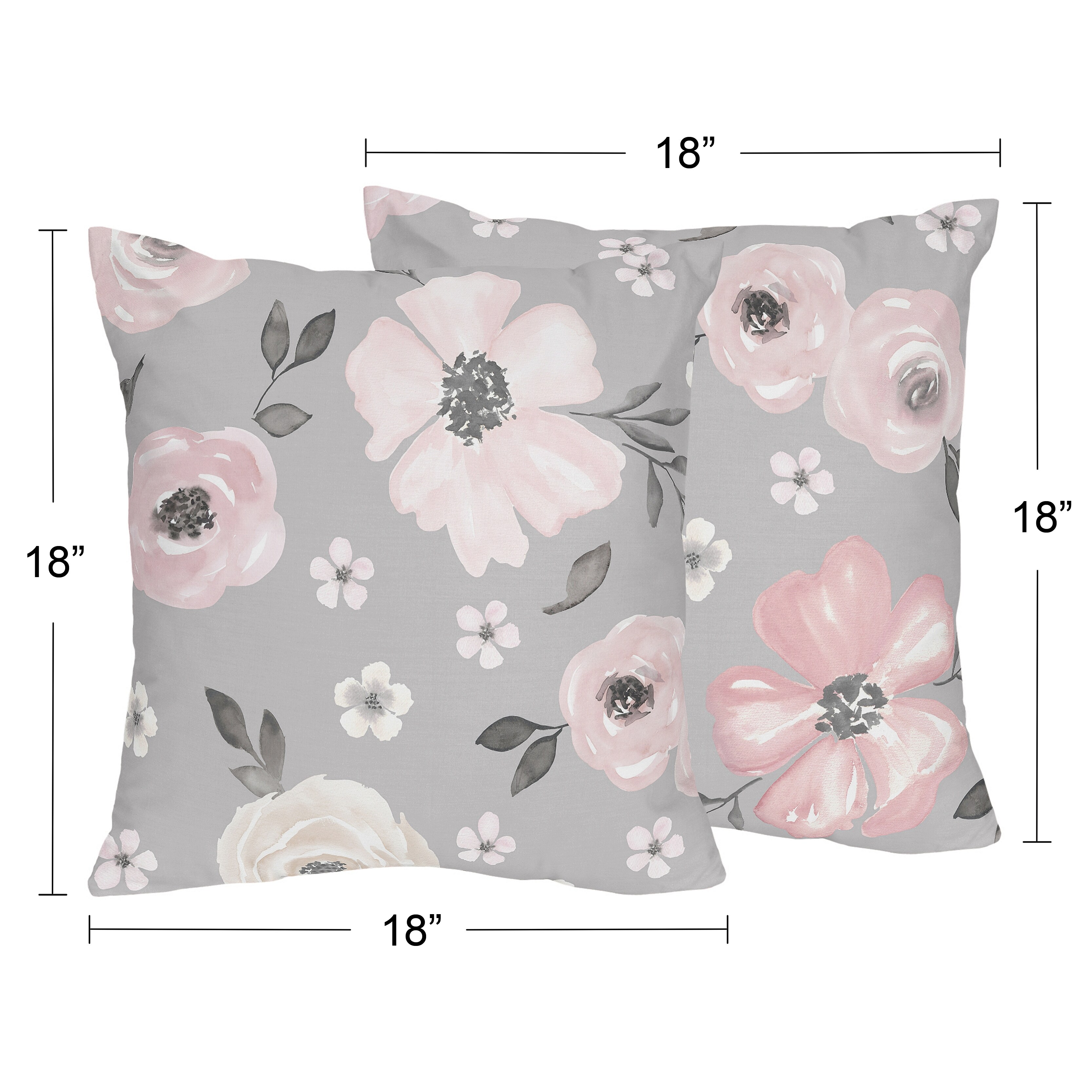 Grey Watercolor Floral 18in Decorative Accent Throw Pillows (Set of 2) - Blush Pink Gray Shabby Chic Rose Flower Farmhouse
