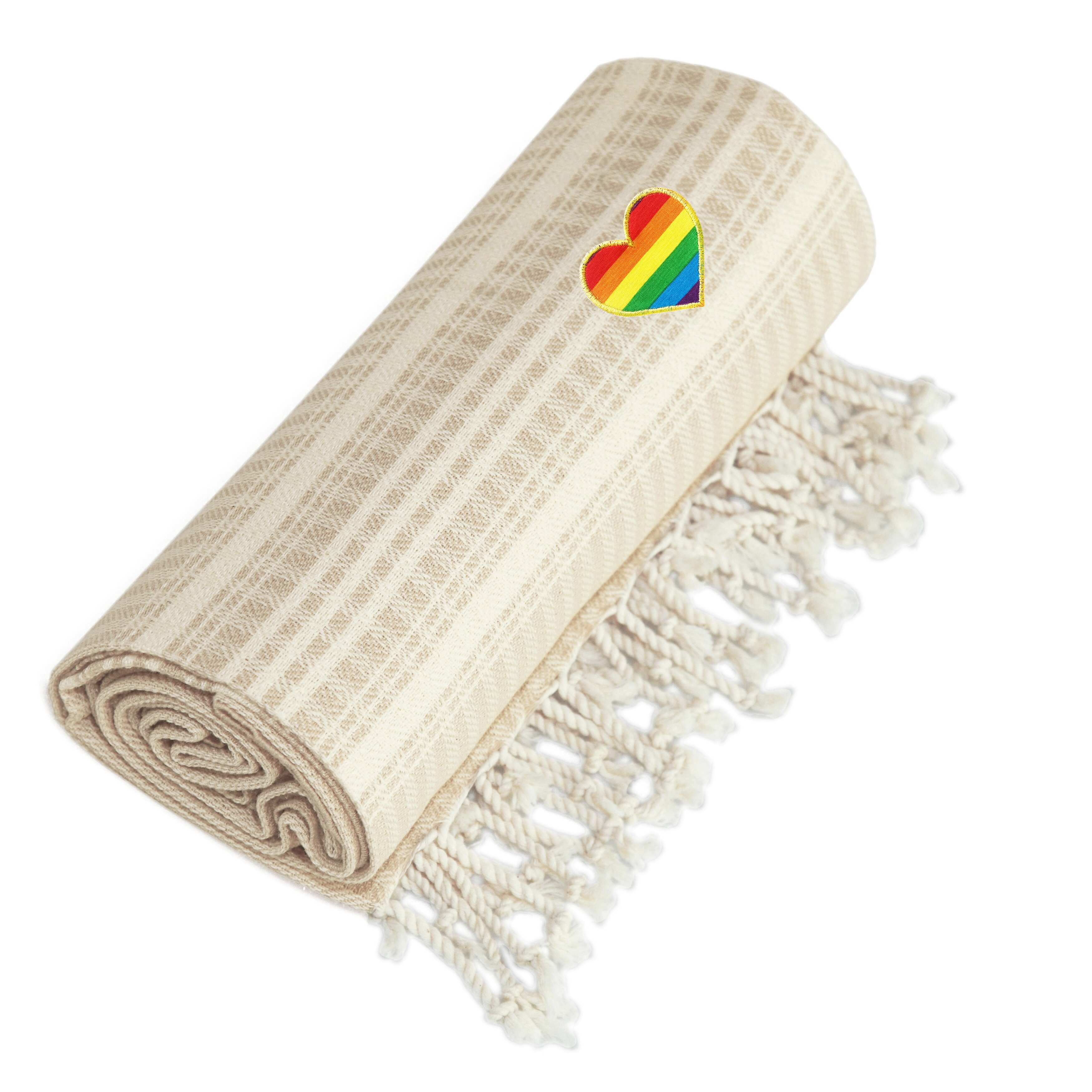 Authentic Hotel and Spa 100% Turkish Cotton Luxe Herringbone Cheerful Rainbow Heart Pestemal Beach Towel