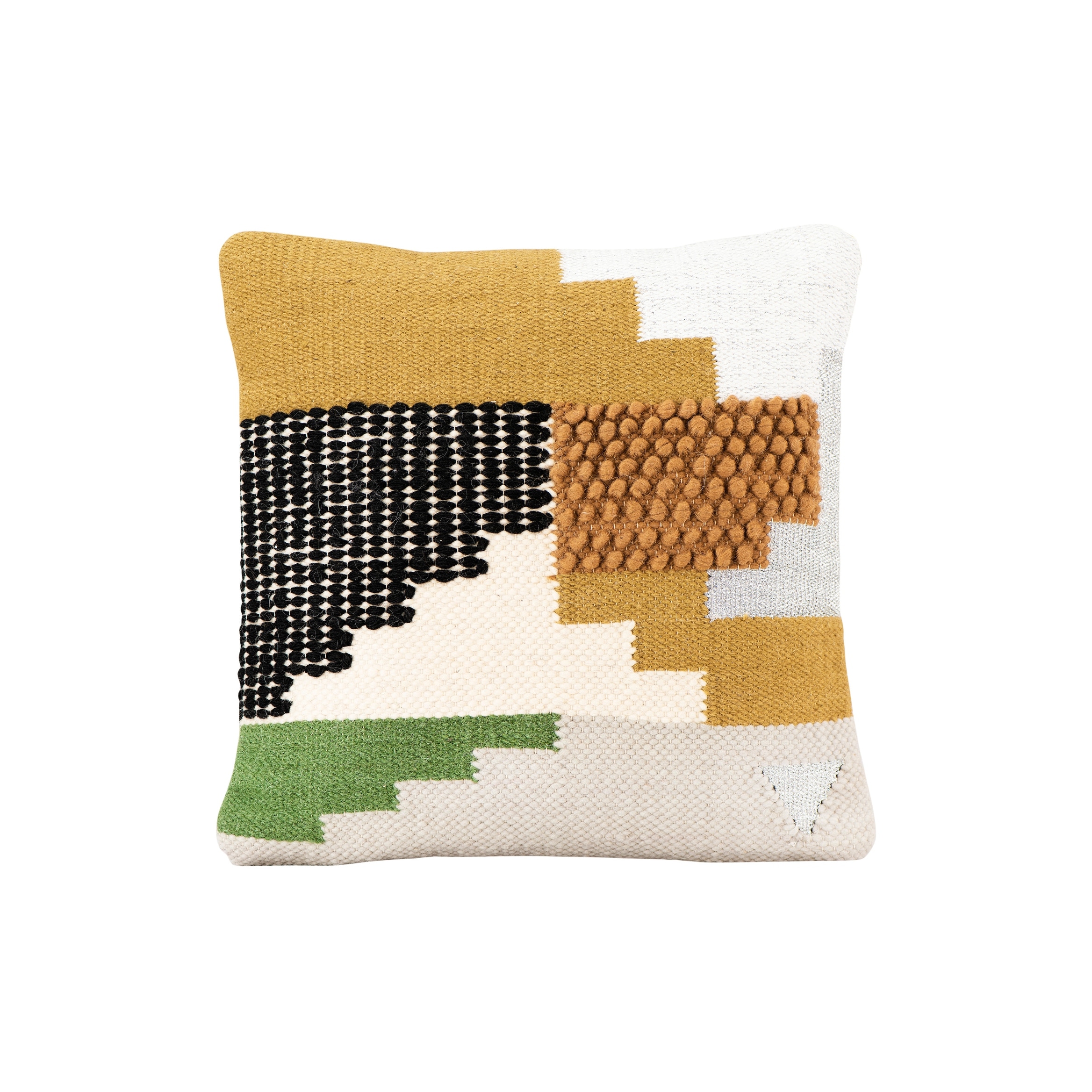 Handwoven White Wool Kilim Pillow with Yellow, Green & Black Accents