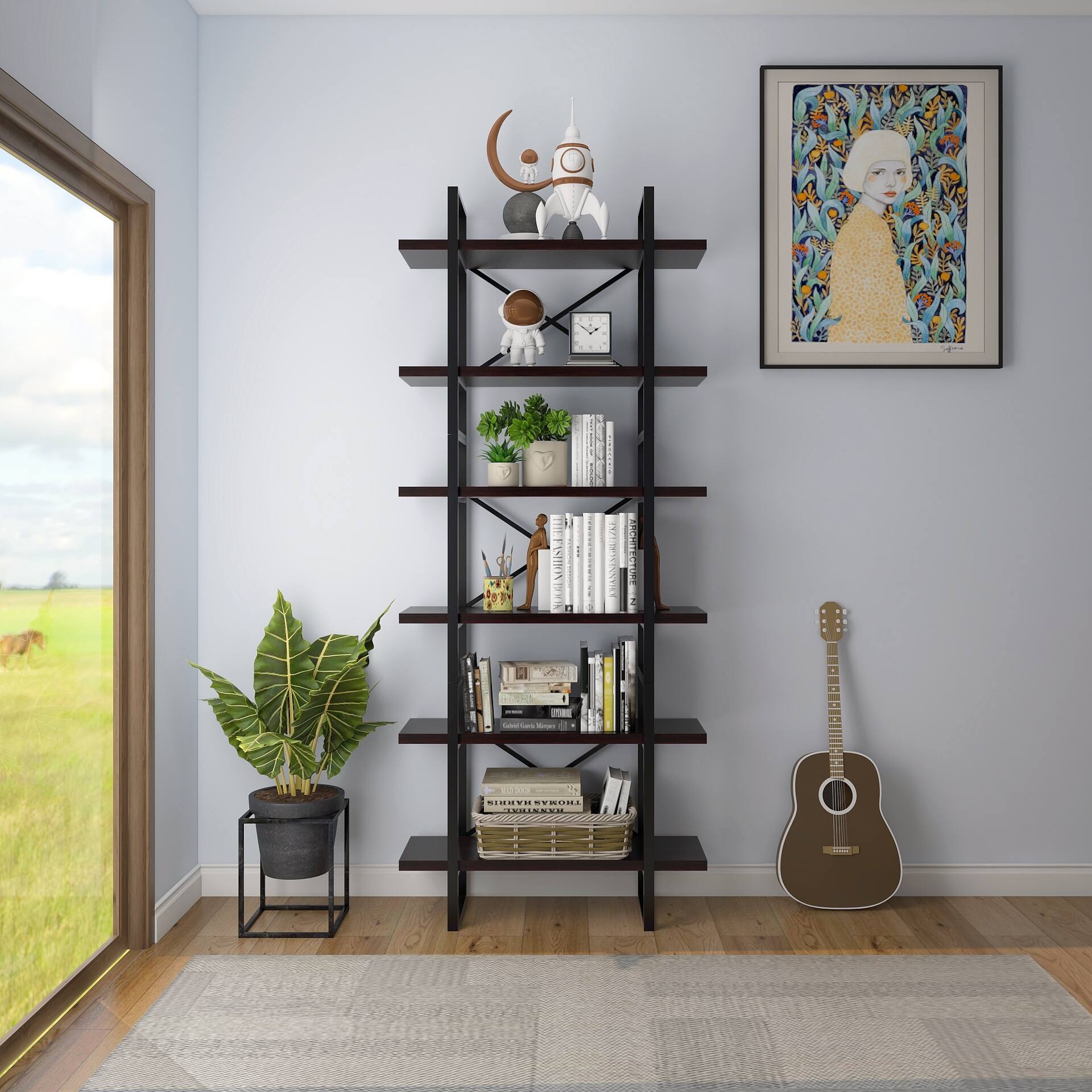 6-tier etagered walnut shelf bookcase with black metal frame - 35.43" X 12.5" X 85"