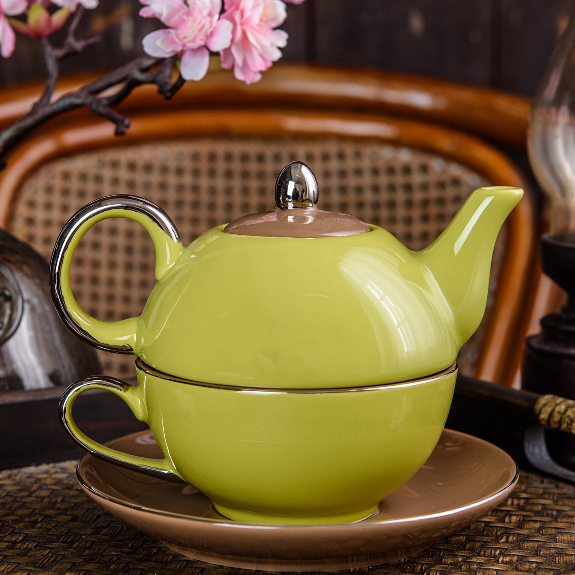 Porcelain Tea Pot Set for One Yellow Teapot Teacup and Saucer Set