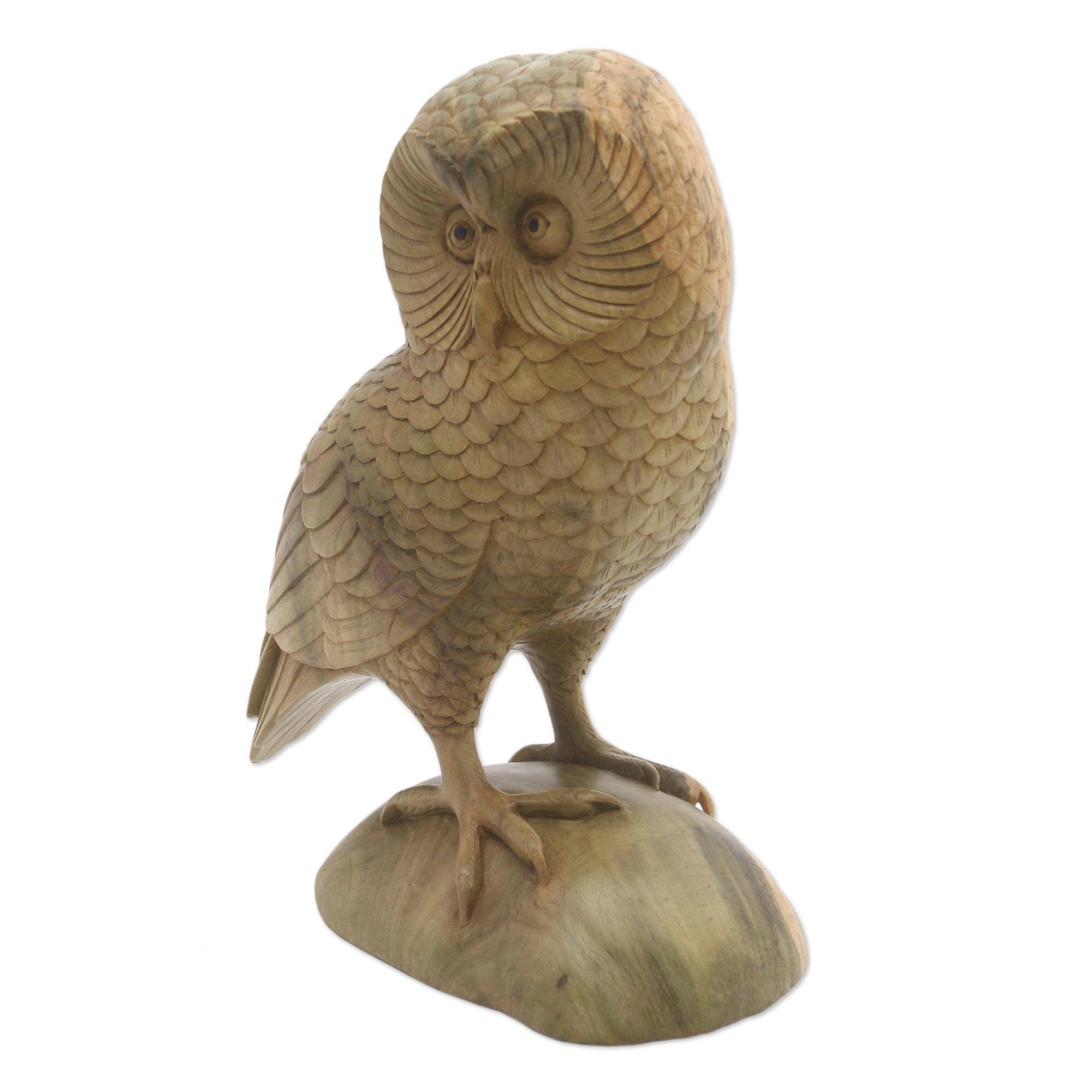 Handmade Intelligent Owl Wood Sculpture (Indonesia) - 12.25" H x 9" W x 4.7" D