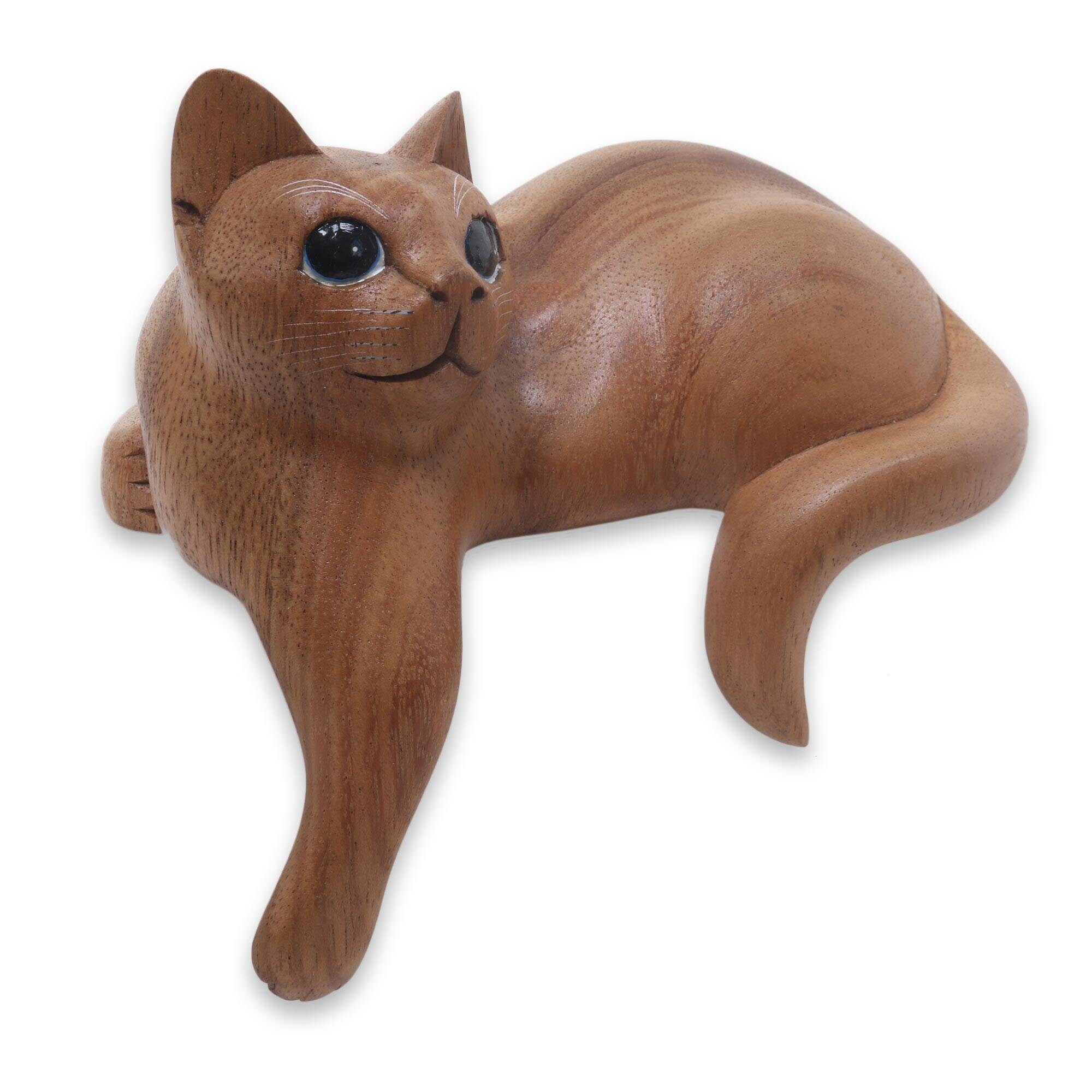 NOVICA Handmade Watchful Ginger Cat Wood Sculpture (Indonesia) - 5.5" H x 5.75" W x 3.9" D