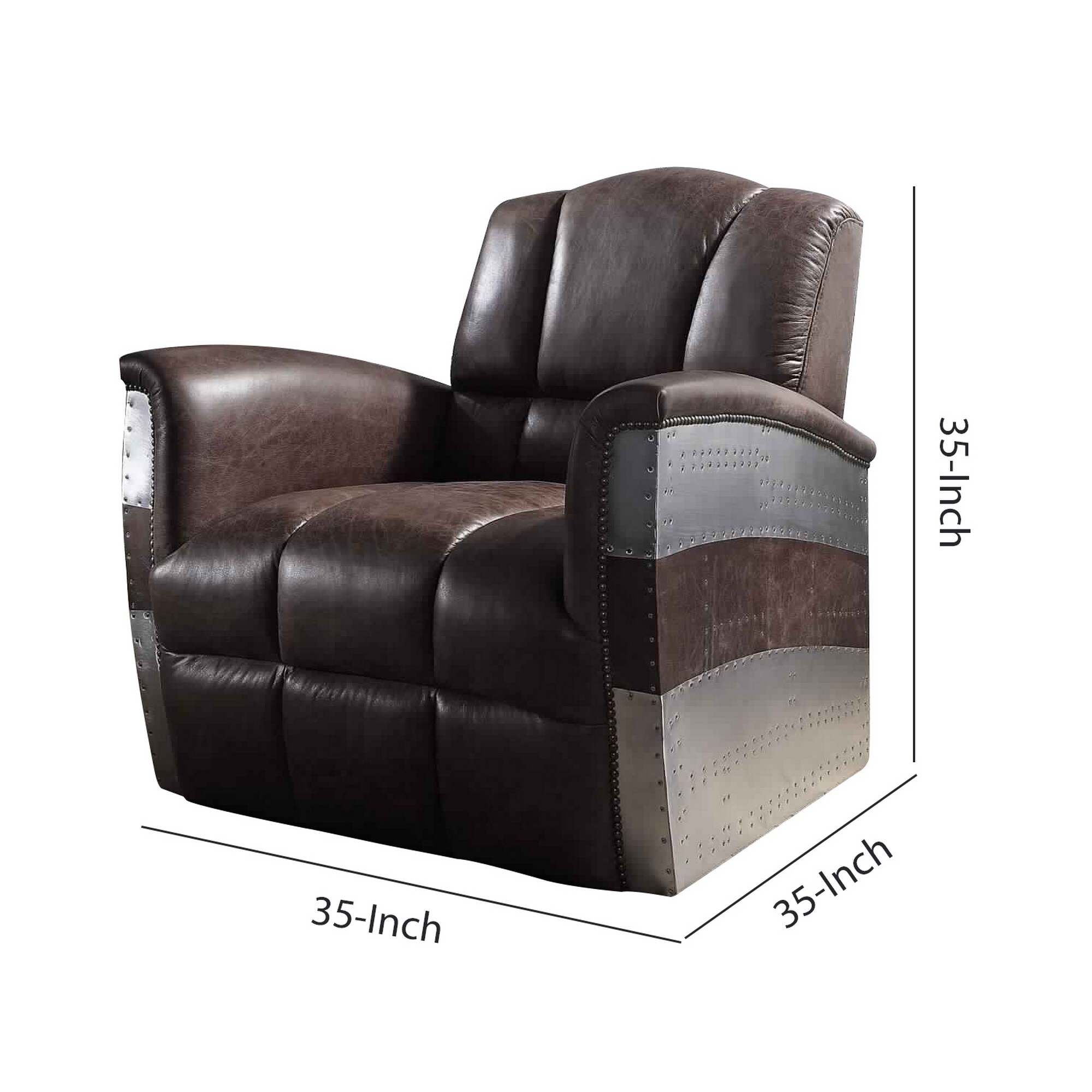 Vertically Tufted Lounge Chair with Aluminum Patchwork, Brown and Silver