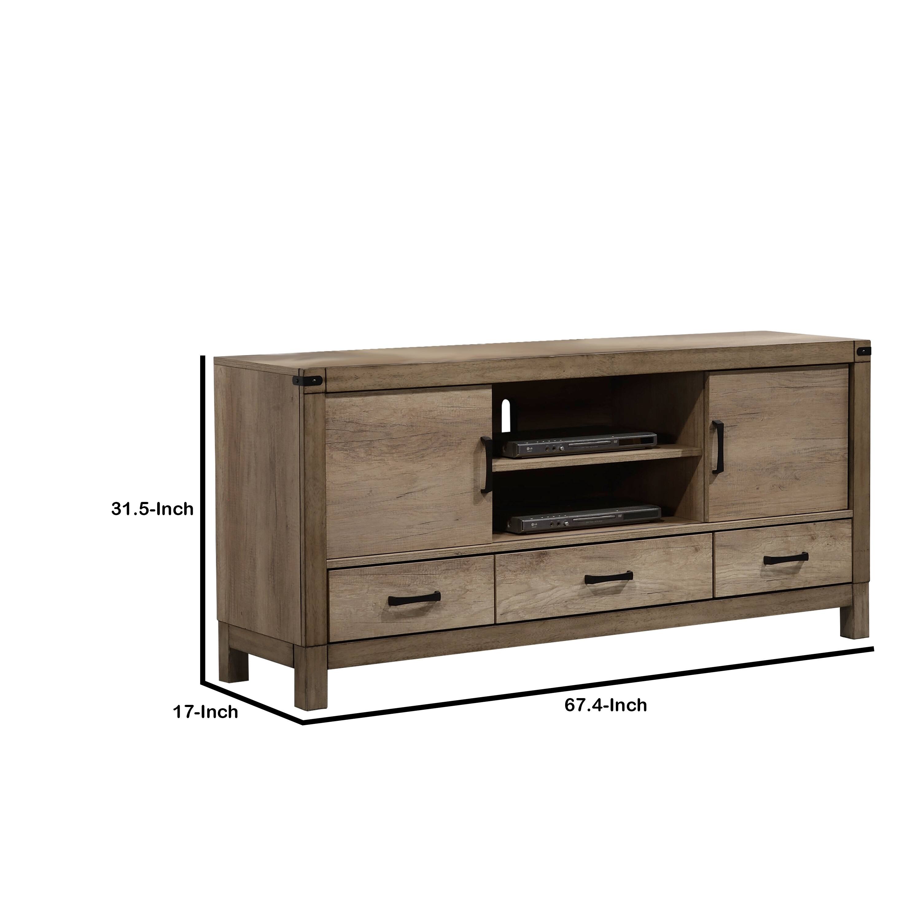 3 Drawer Wooden TV Stand with 2 Cabinets and Open Compartment, Light Brown