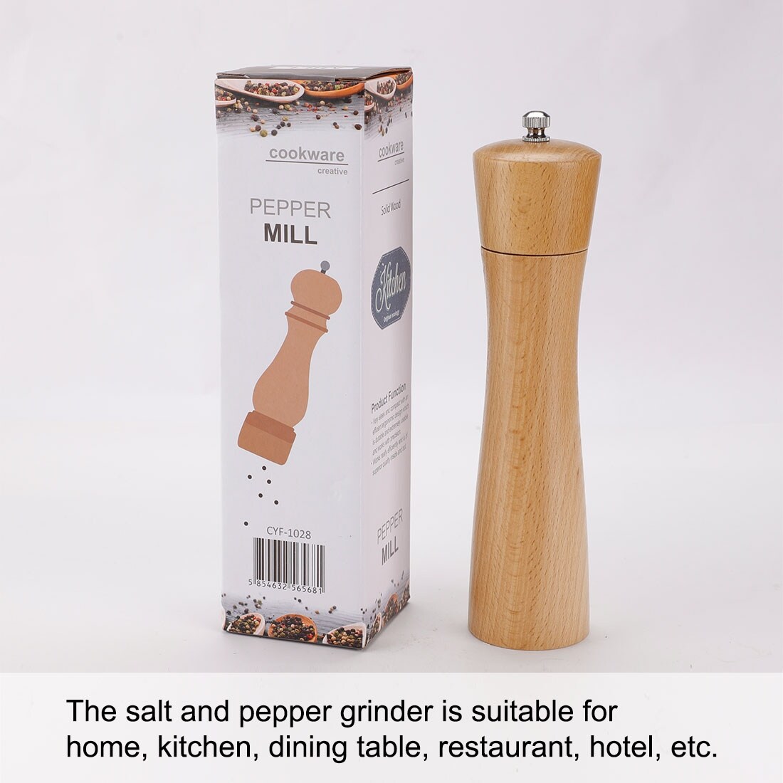 Salt and Pepper Grinder Wooden Mills Shaker w Adjustable Coarseness - 8.5", 2pcs