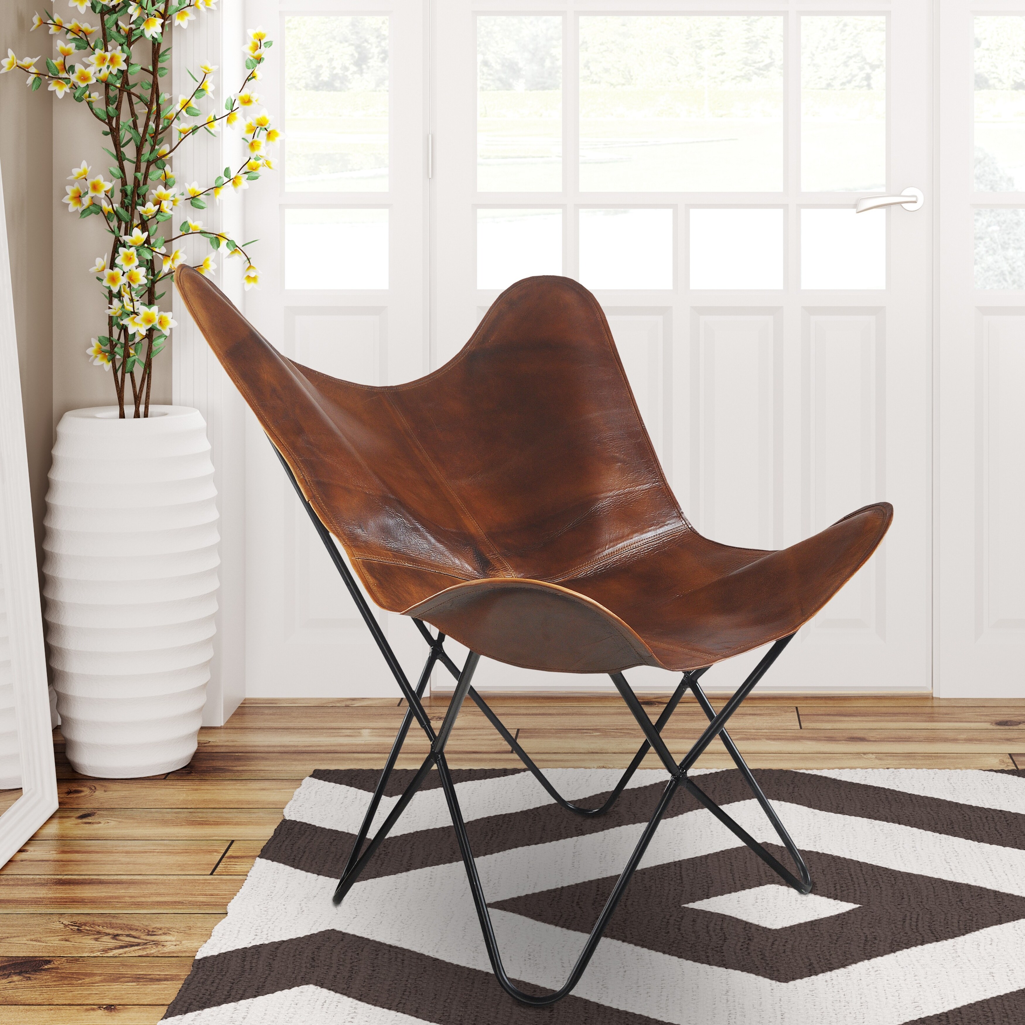 LR Home Brown Leather Butterfly Chair - 37" L x 27" W x 16" D