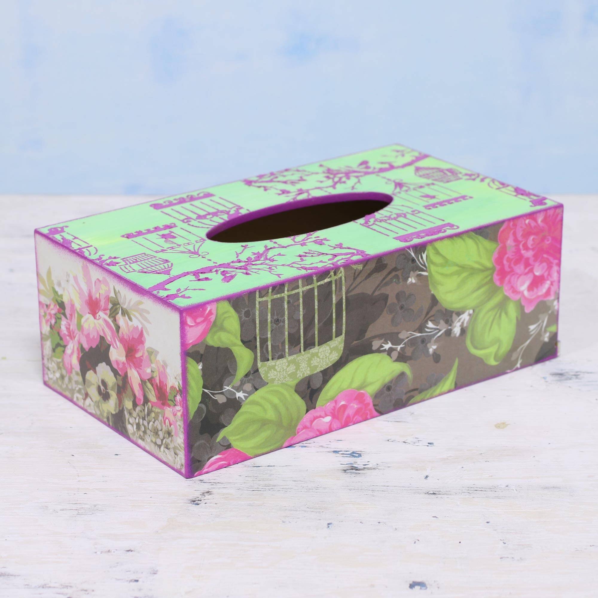 Handmade Decoupage wood tissue box cover, (India) - Multi