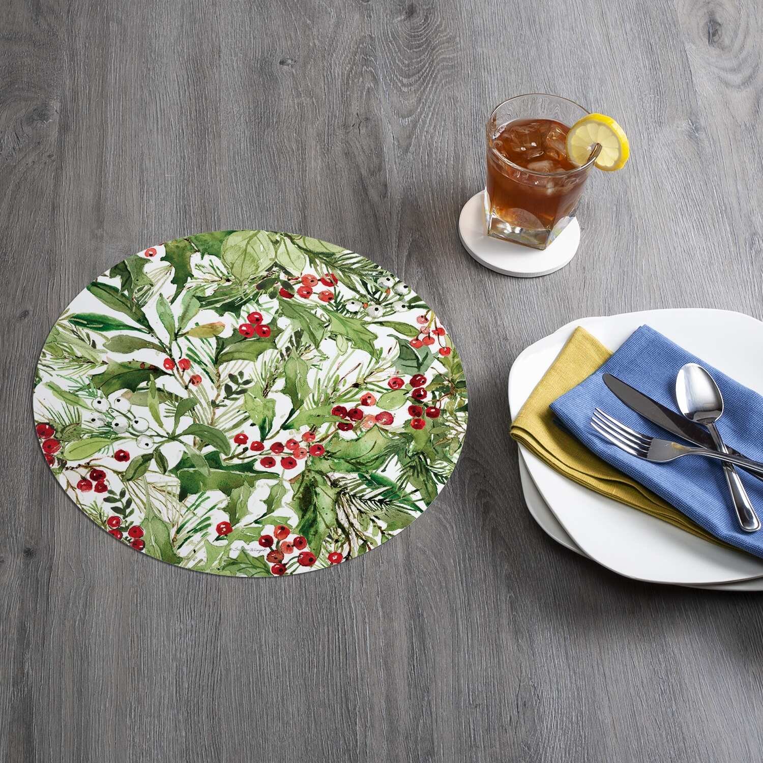 Reversible Wipe-clean Round Shaped Placemats Set of 4 - Cardinal Greenery
