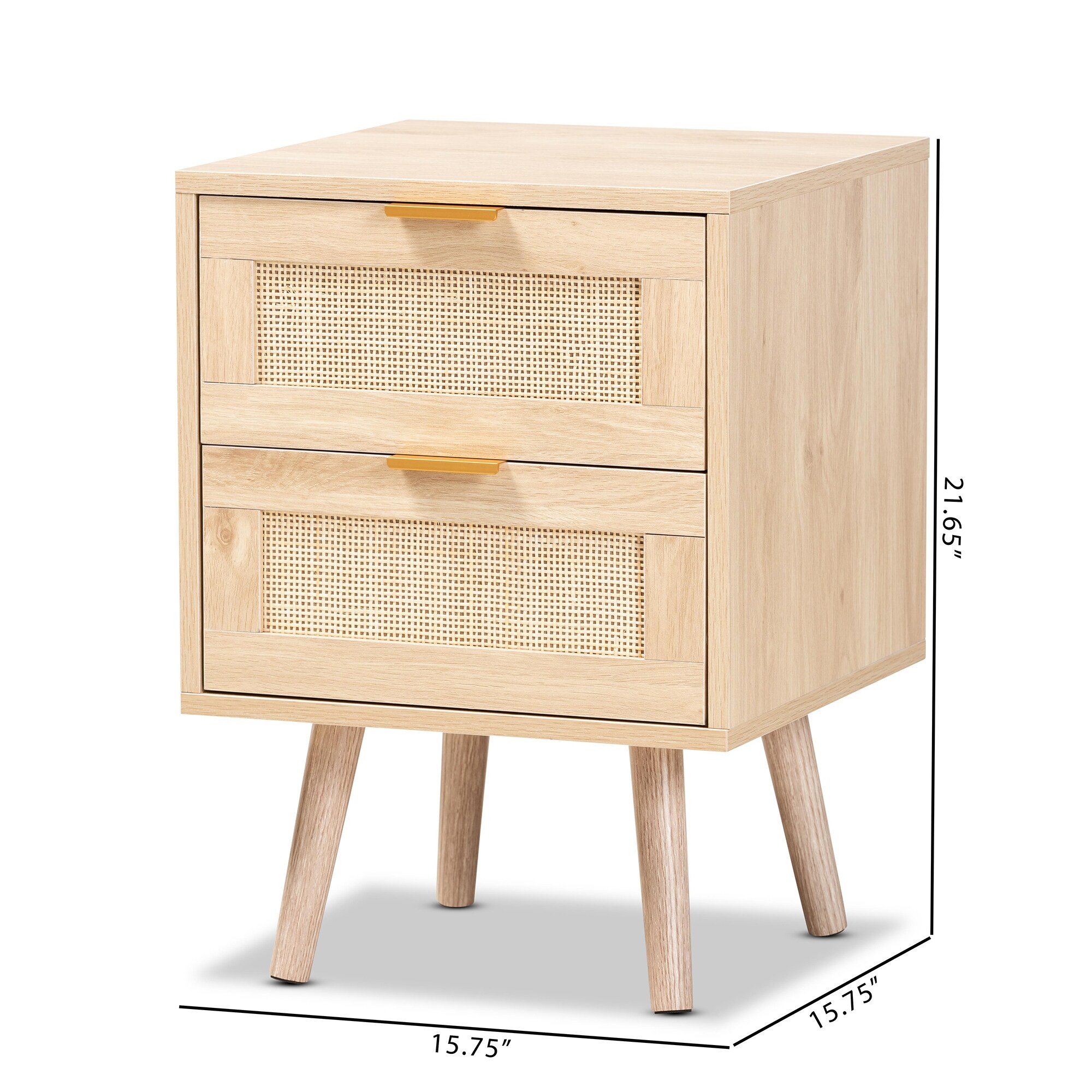 Baxton Studio Baird Mid-Century Modern Light Oak Brown Finished Wood and Rattan 2-Drawer End Table