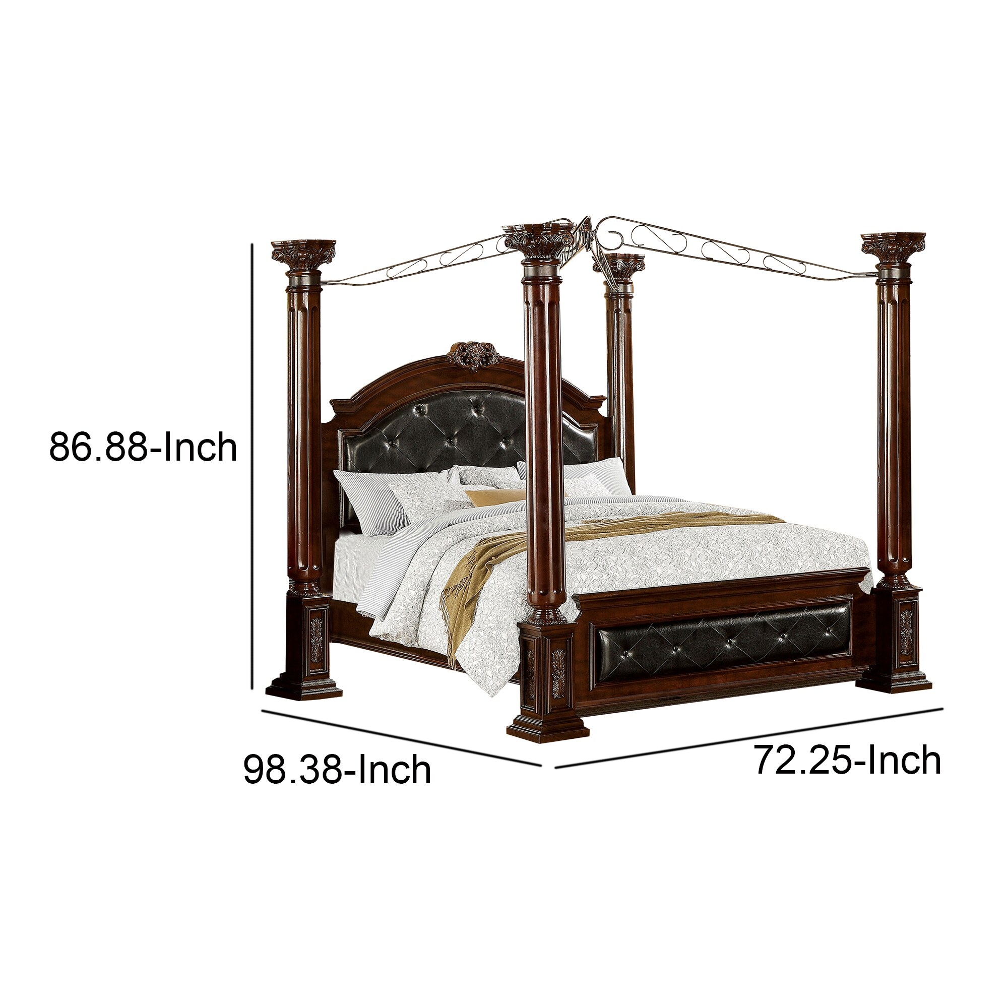 Queen Canopy Bed with Leatherette Headboard and Footboard, Black and Brown