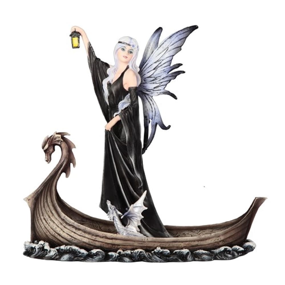 Q-Max 11"W Gothic Black Fairy with Baby Dragon In Boat Holding Lantern Statue Fantasy Decoration Figurine