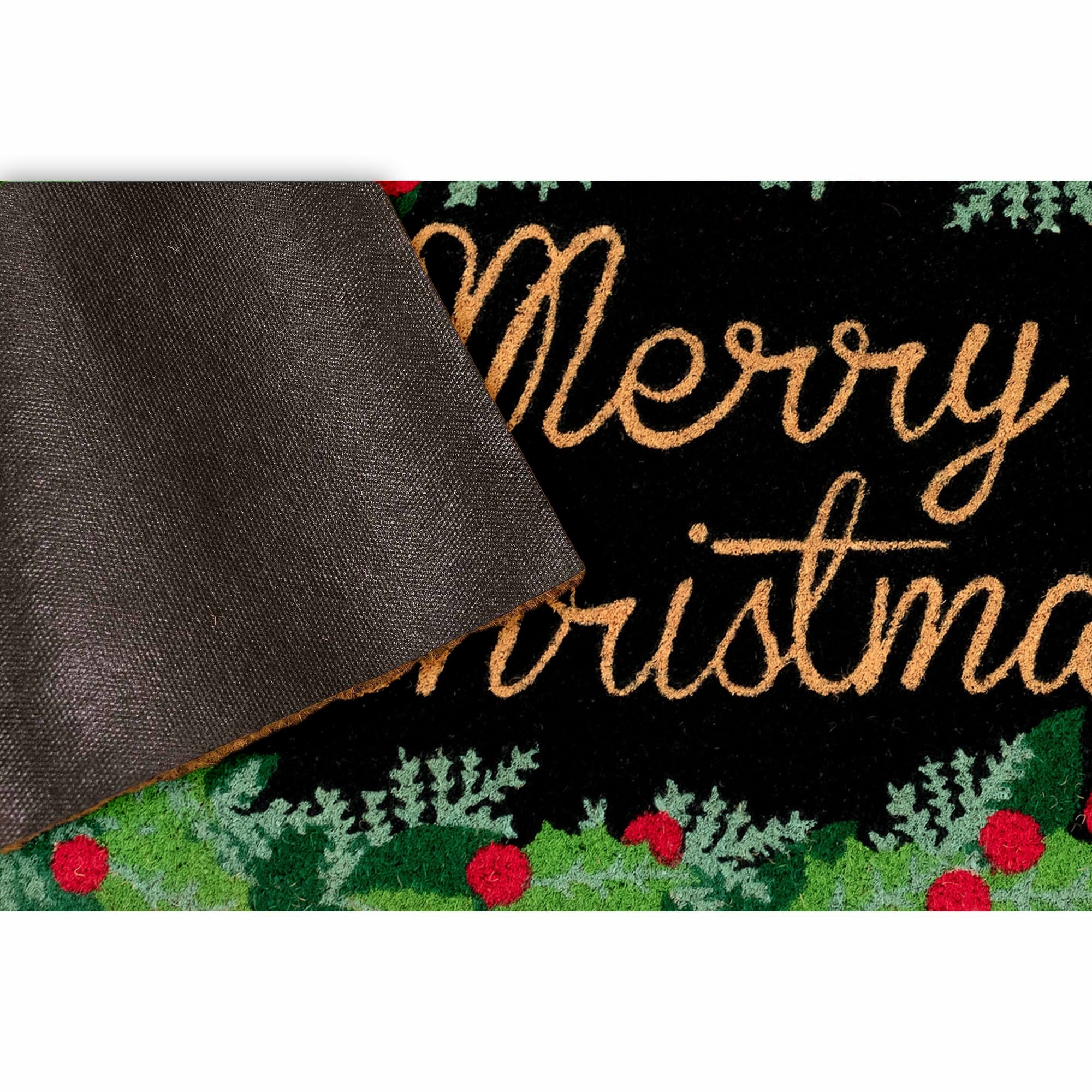Liora Manne Natura Merry Christmas Holly Outdoor Mat Black 18"x30"