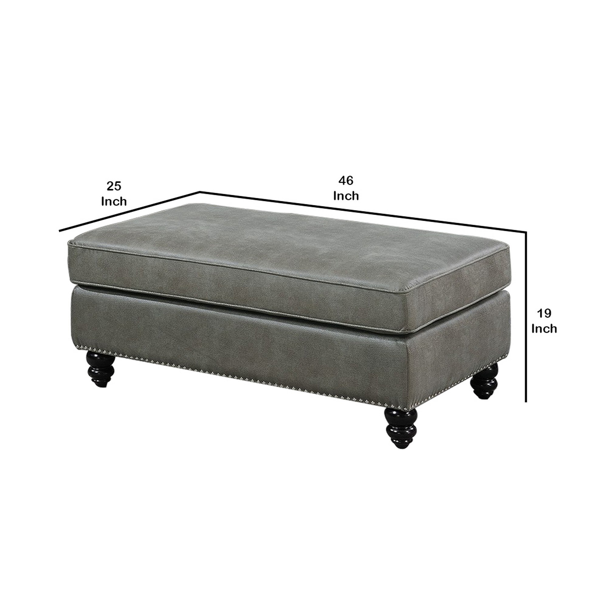 Leatherette Ottoman with Nailhead Trim and Turned Feet, Gray
