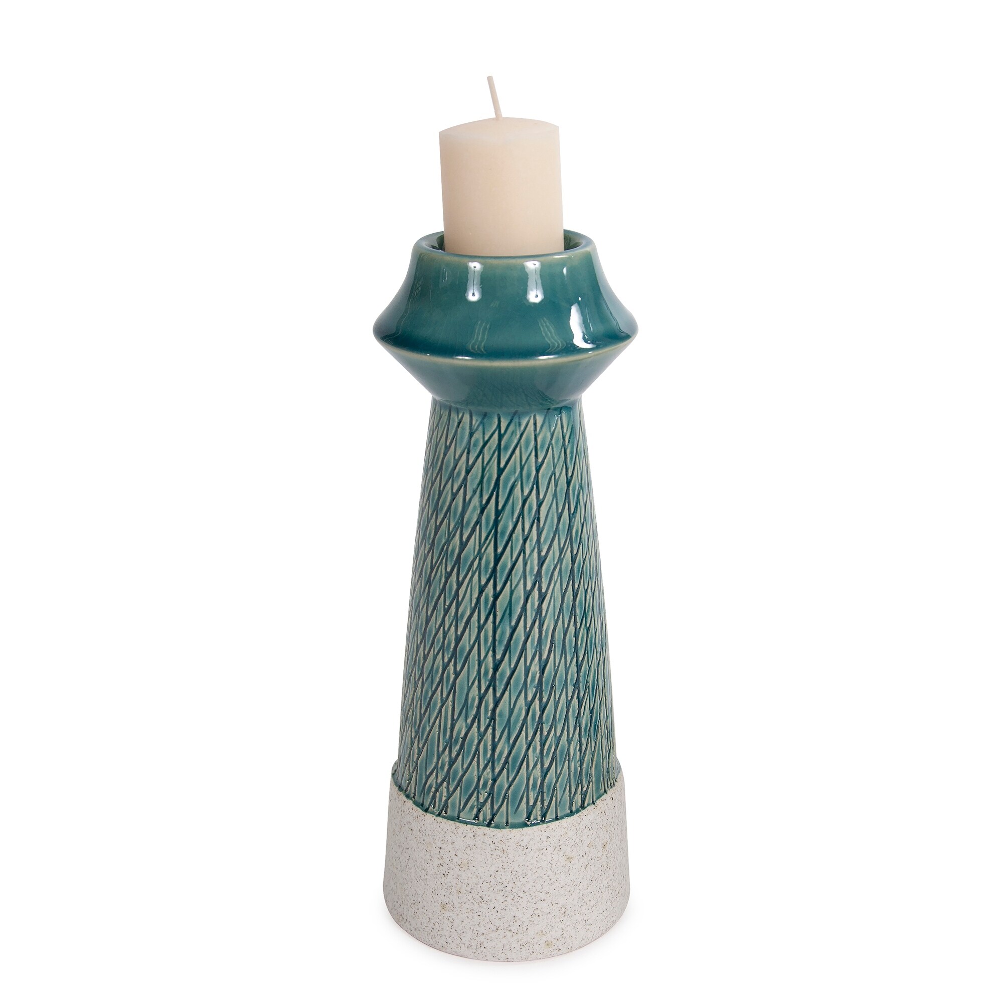 Cross Hatched Sea Blue Ceramic Candle Holder, Large - 9H x 3W x 3D