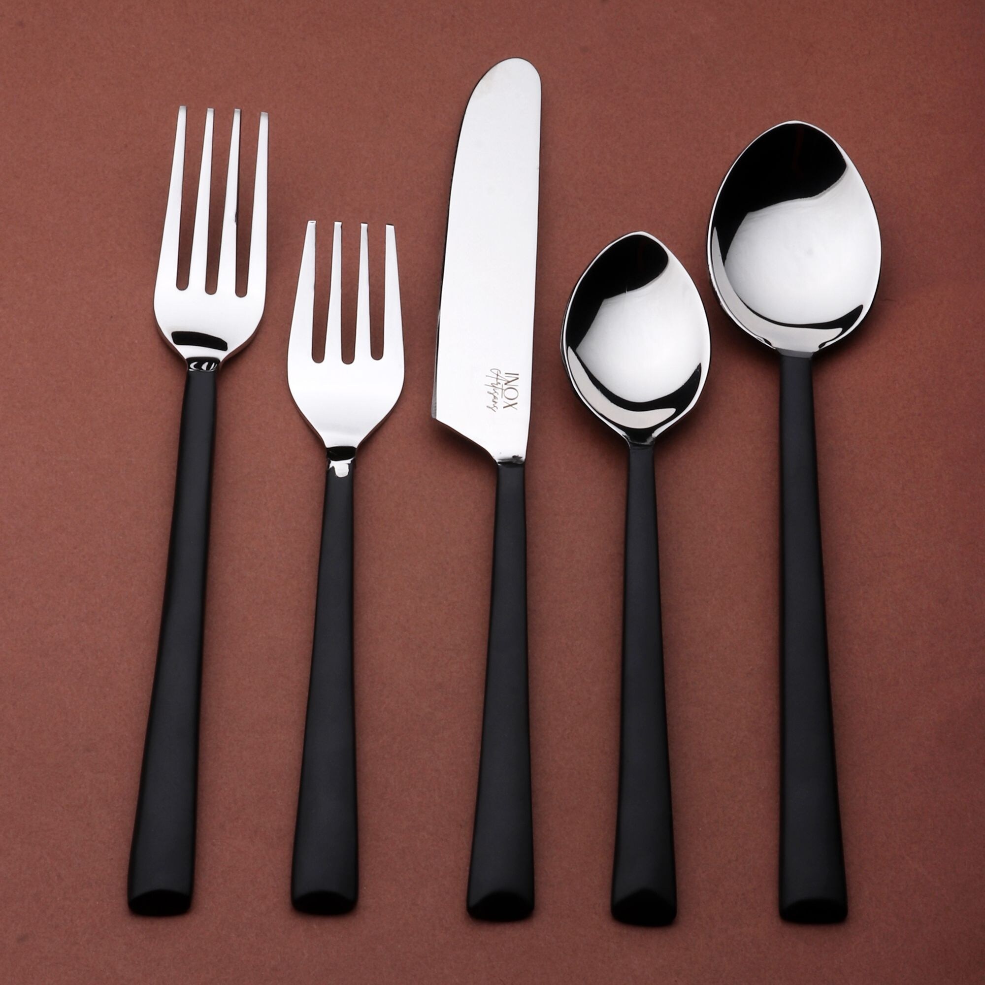 INOX Midnight Black Brier 20 Pc. Flatware Set (Serves 4) - 9" Dinner nife, 8.25" Dinner Fork, 8" Dinner Spoon