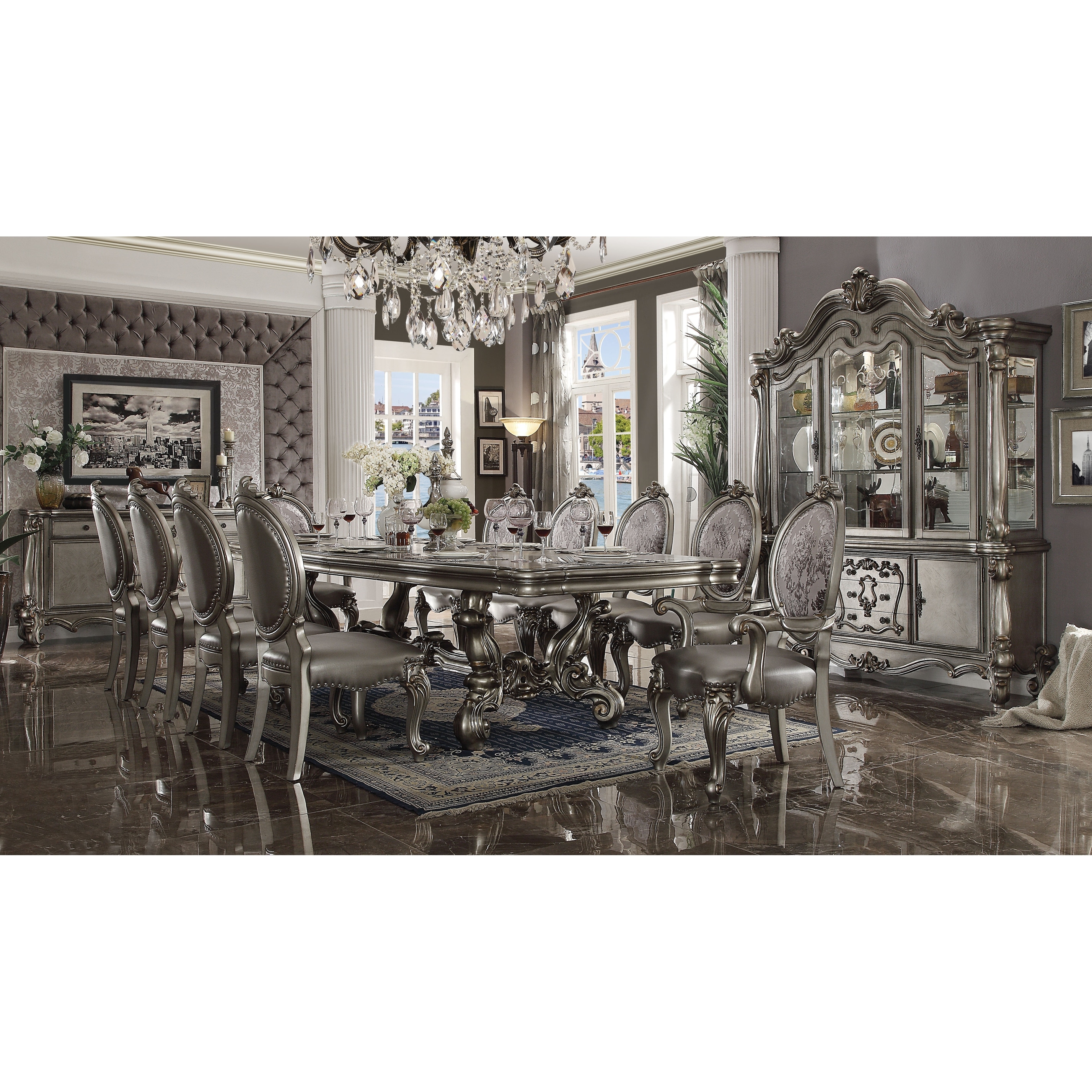 ACME Versailles Side Chair Set of 2 in Silver PU and Antique Platinum