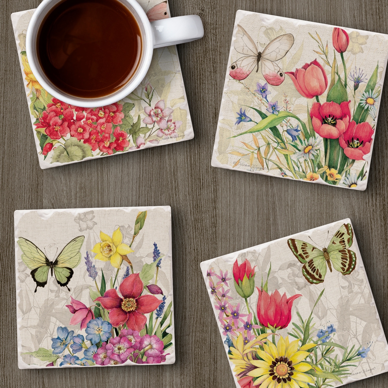 Counterart Absorbent Stone Coasters - Botanical Florals - Set of 4 - 4x4x1.167