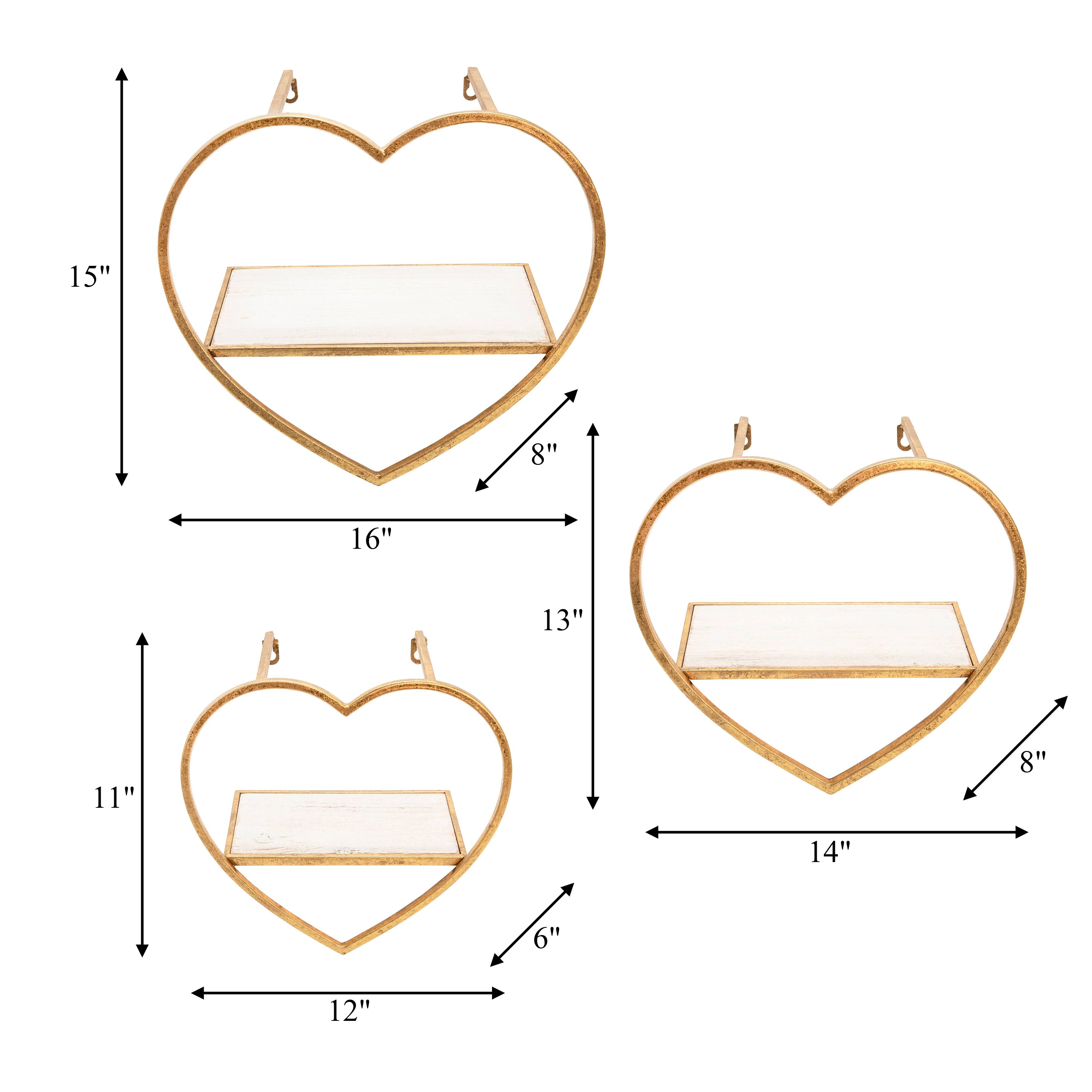 Set of 3 Heart Shaped Wall Shelves Gold Metal and Wood Wall Accent Shelves For Bedroom, Bathroom, Home - 16" x 8" x 15"