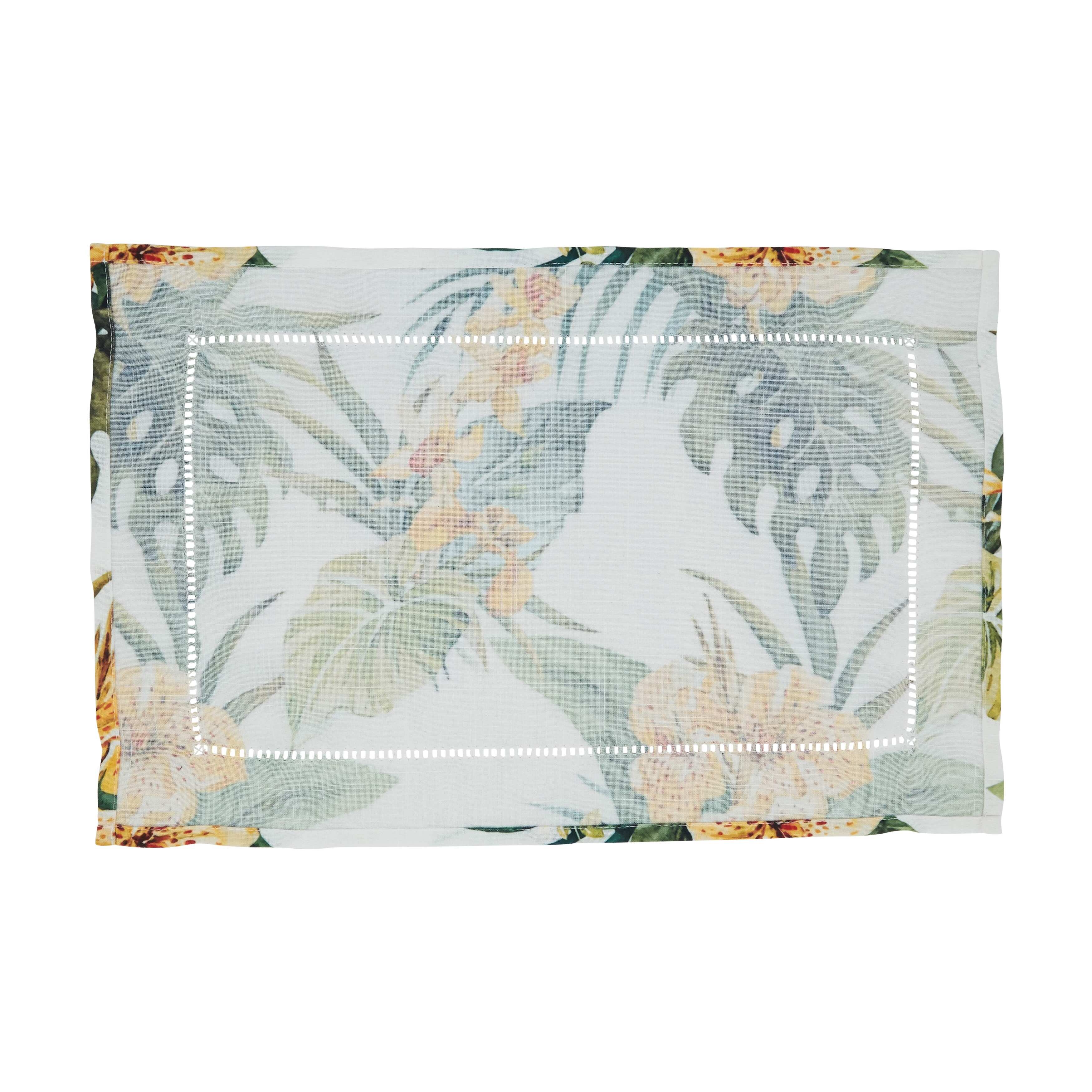 Hemstitch Placemats With Tropical Flower Design (Set of 4)