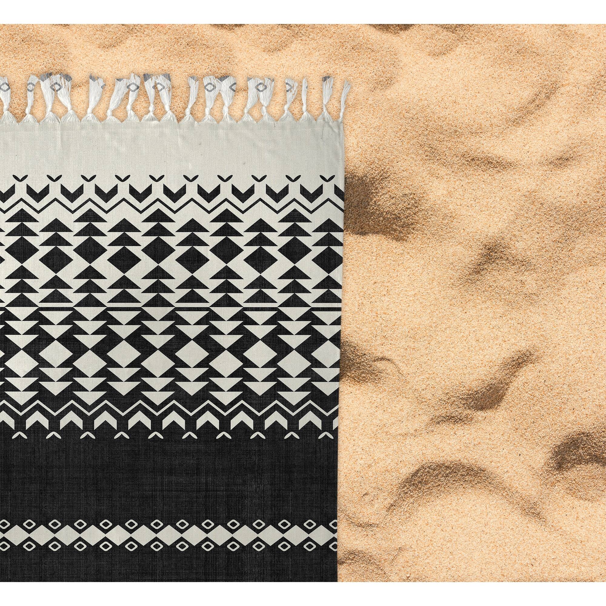 SOLLIA BLACK AND IVORY Beach Blanket with Tassels By Becky Bailey - 38 x 80