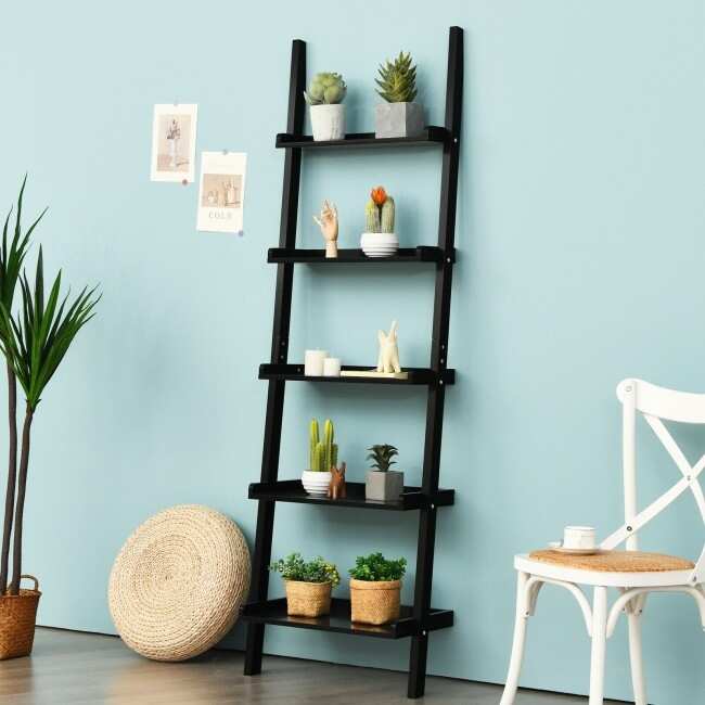5-Tier Wall-leaning Ladder Shelf Display Rack for Plants and Books - 23"(L) x 13"(W) x 74.5"(H) - White