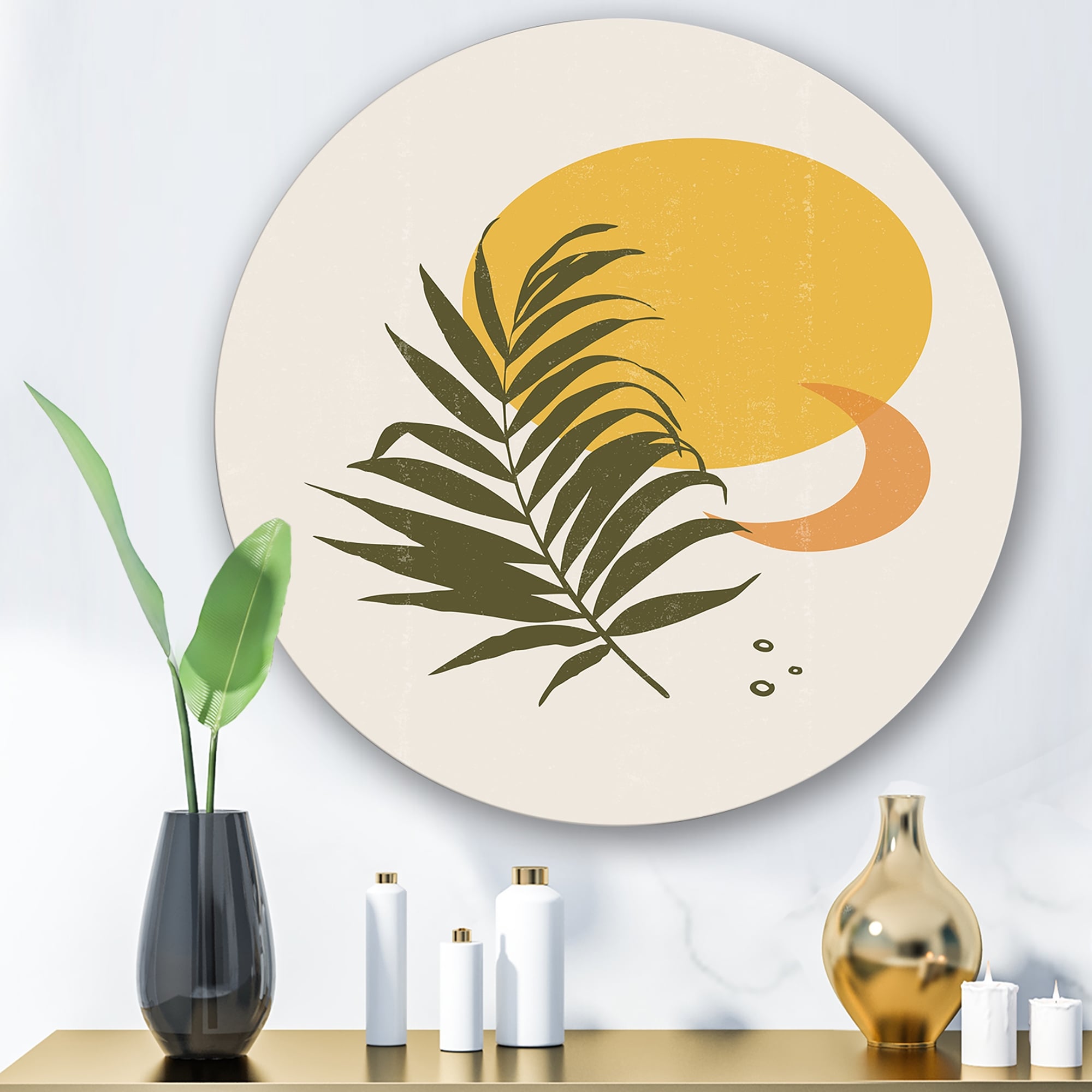 Designart 'Abstract Yellow Sun and Moon With Tropical Leaf I' Modern Metal Circle Wall Art