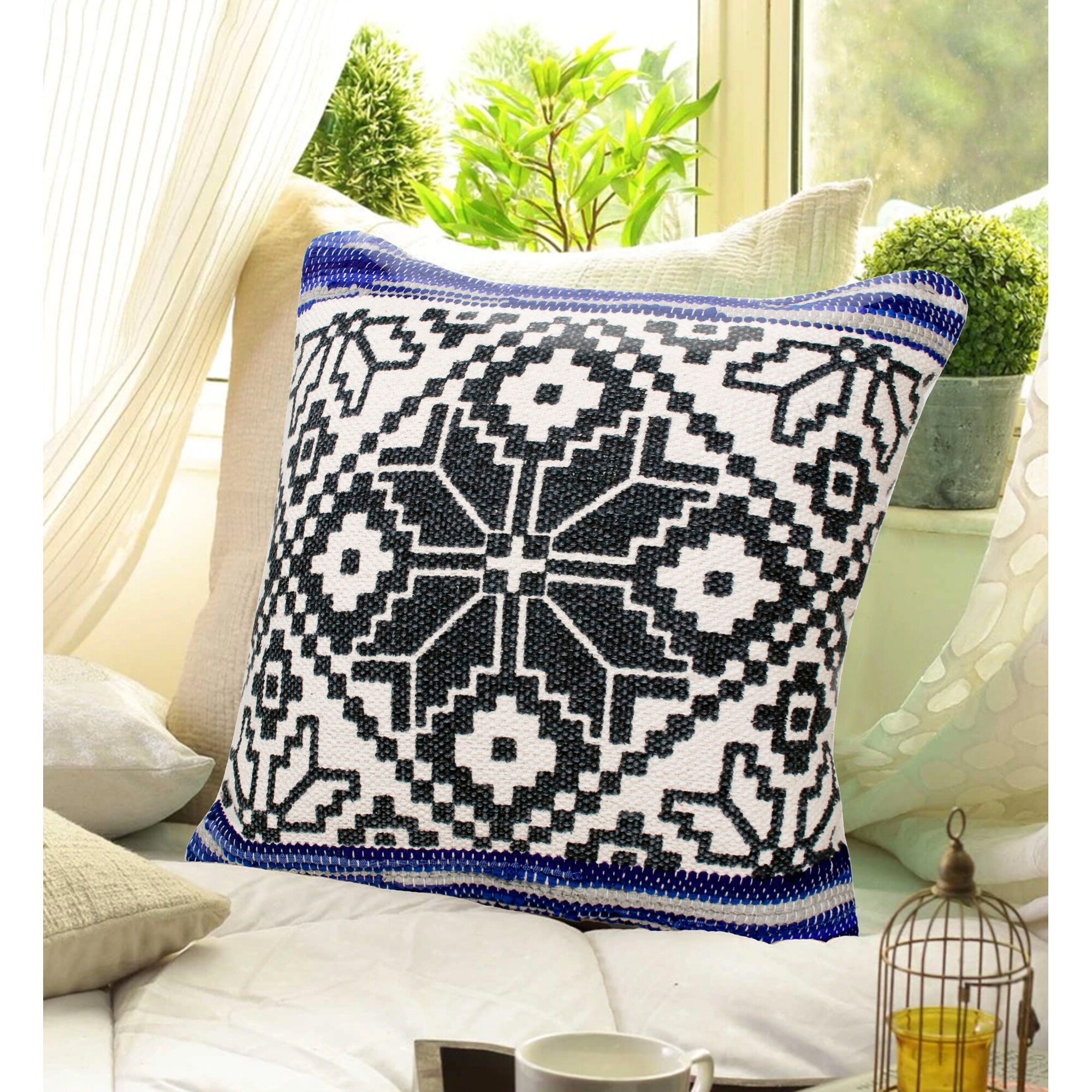 LR Home Boho Bordered Floral Mosaic Textile Throw Pillow