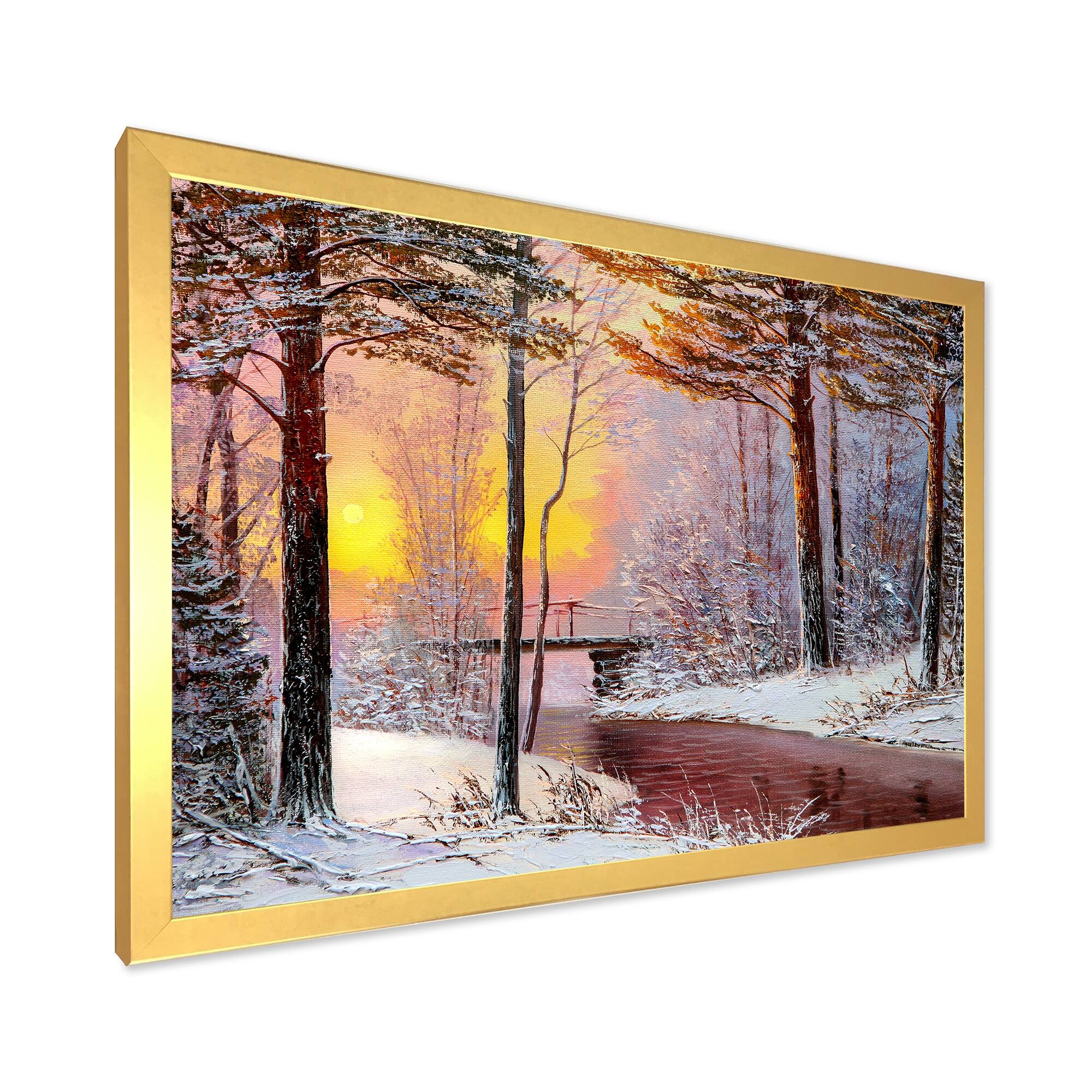 Designart "Christmas Forest With River and Trees IV" Traditional Framed Art Print