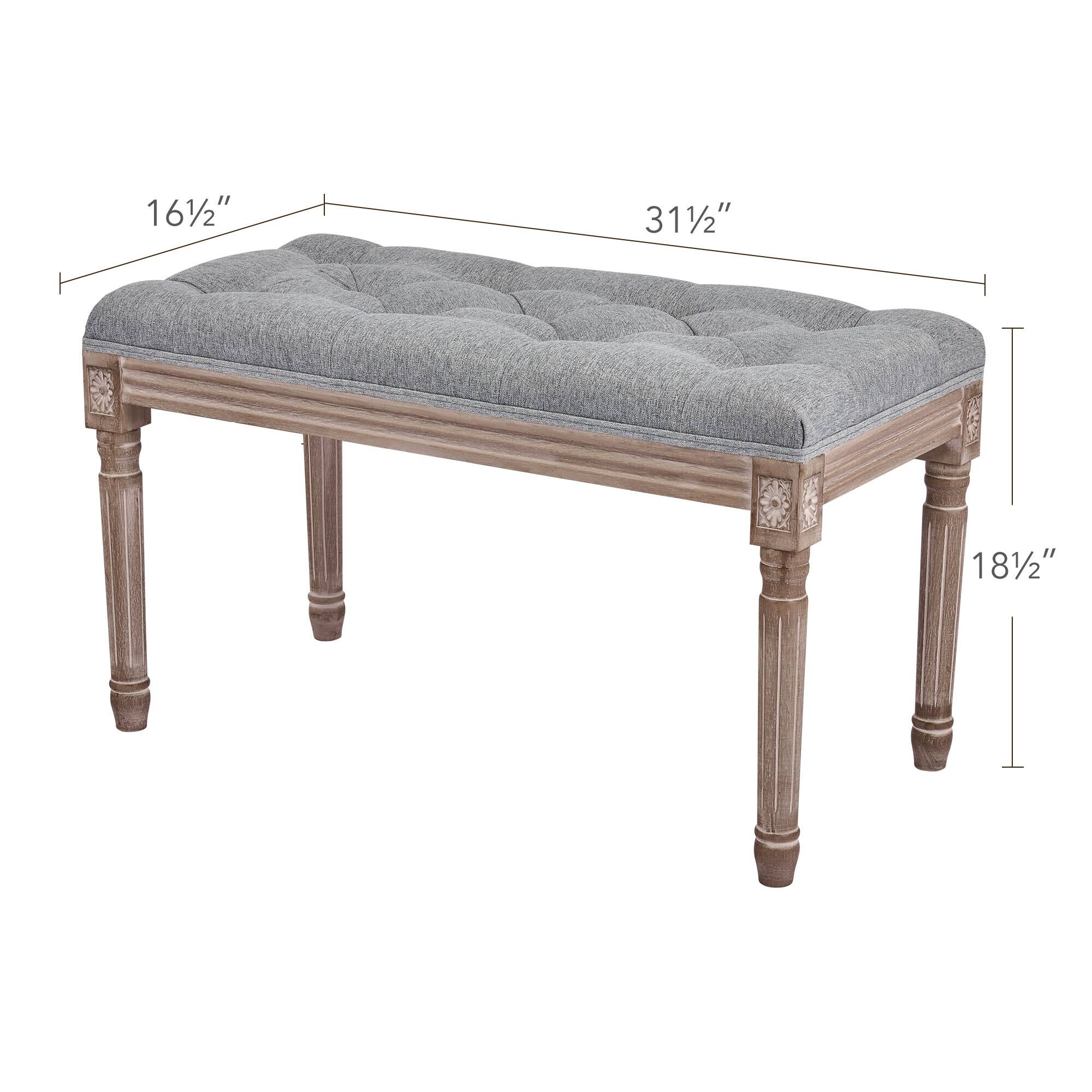 CO-Z French Vintage Upholstered Bench with Carved Solid Wood Frame - Grey