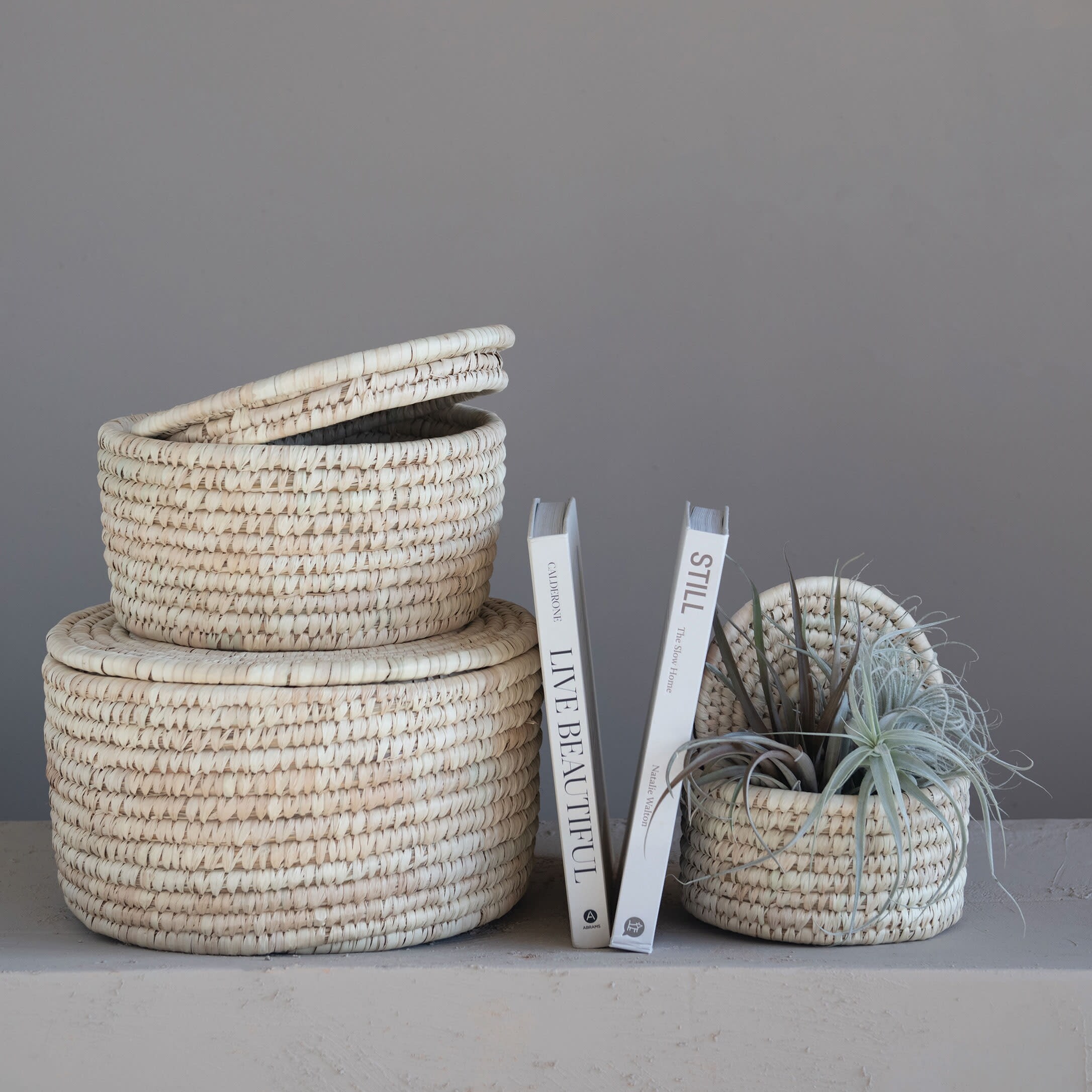 Hand-Woven Grass & Date Leaf Baskets with Lids, Set of 3