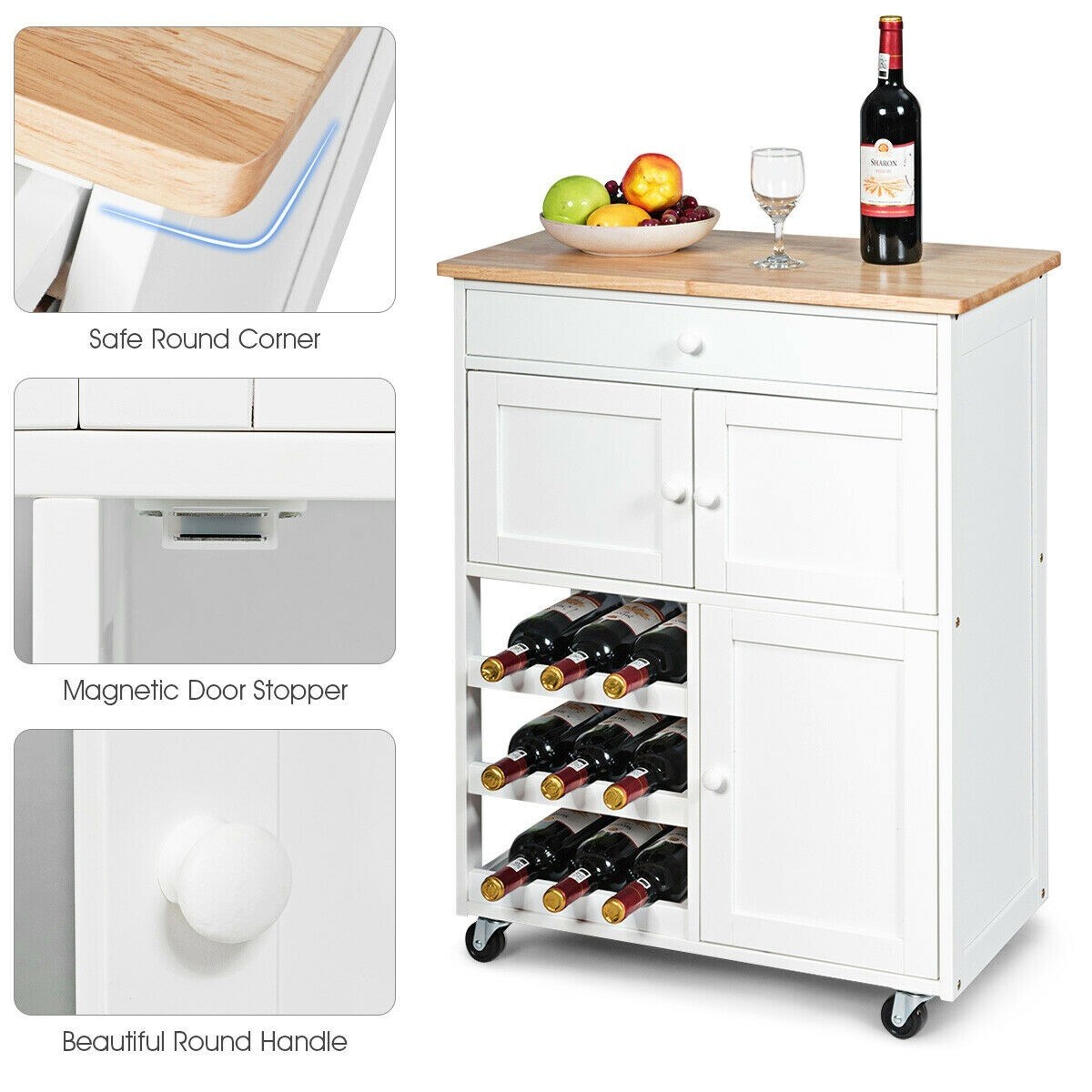 Modern Rolling Storage Kitchen Cart with Drawer-White - 25" x 13.5" x 34" (L x W x H)