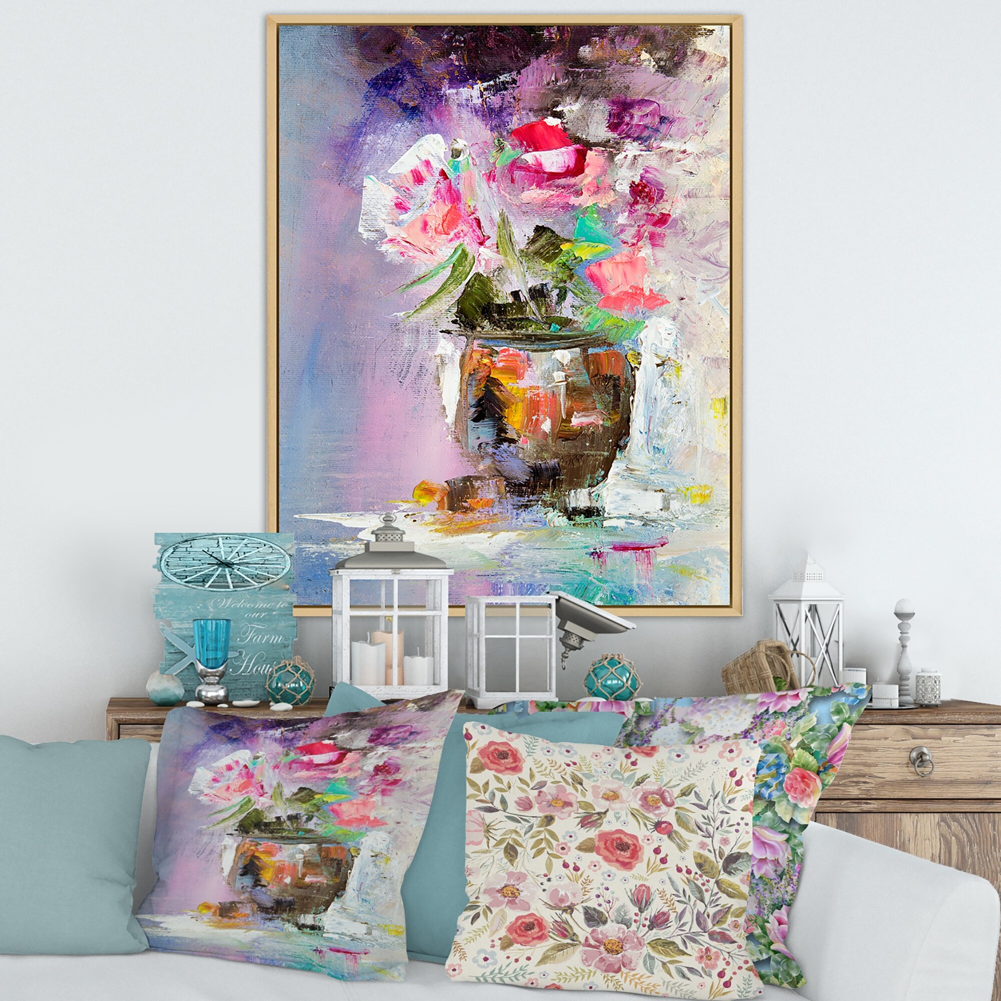 Designart "Pink Fresh Abstract Flowers Bouquet" Modern Framed Canvas Wall Art Print