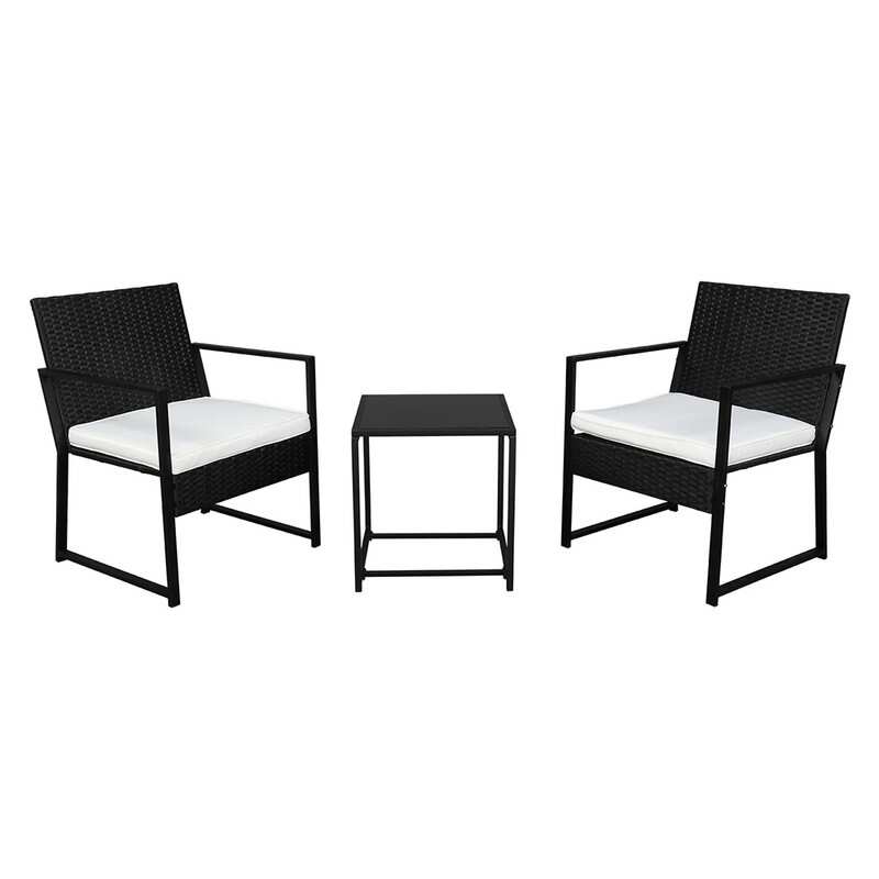 3PCS Outdoor Rattan Furniture Set Single Chair and Coffee Table with Cushions
